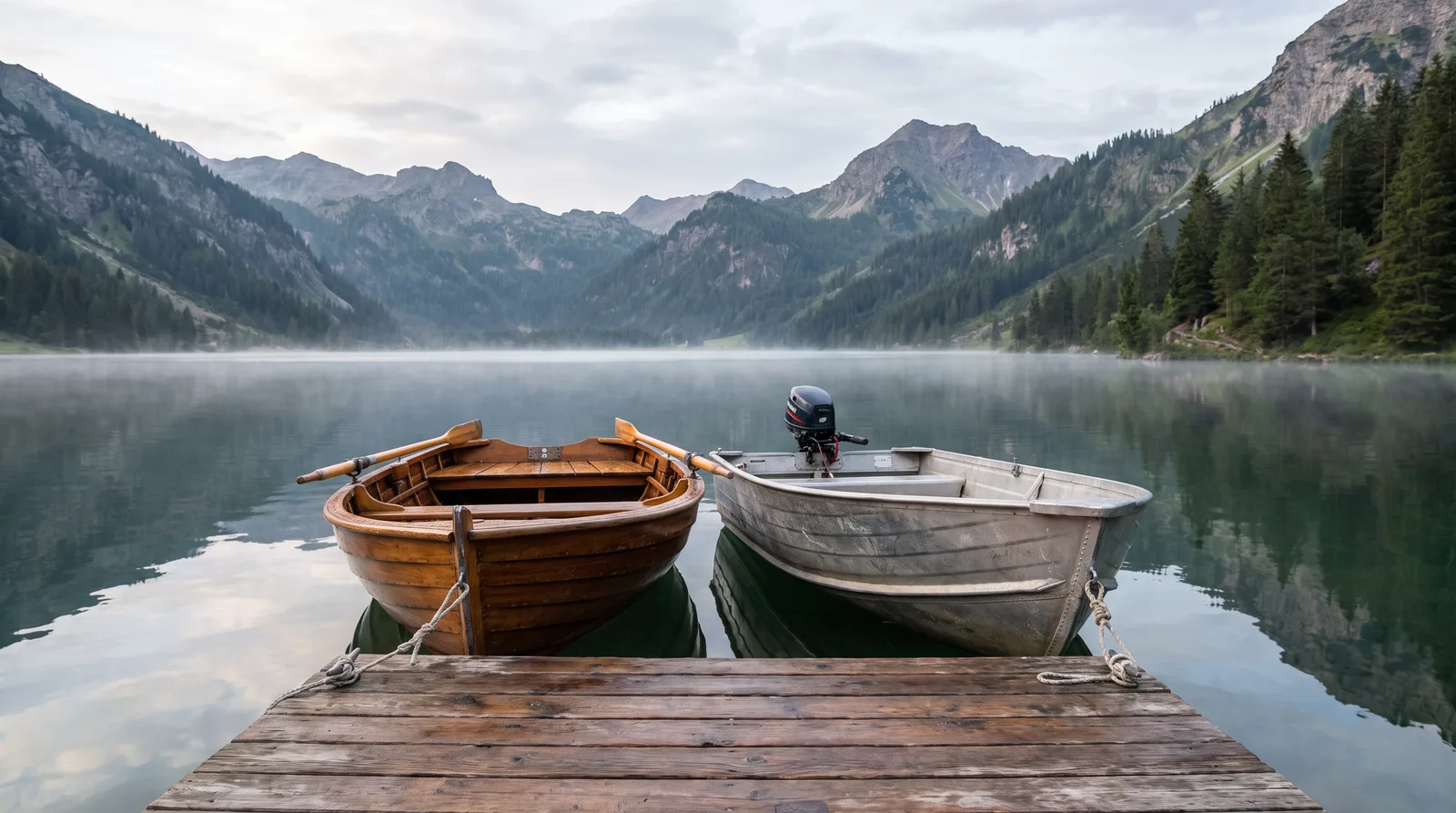 Ruderboot und kleines Beiboot mit Außenborder an einem Holzsteg am See