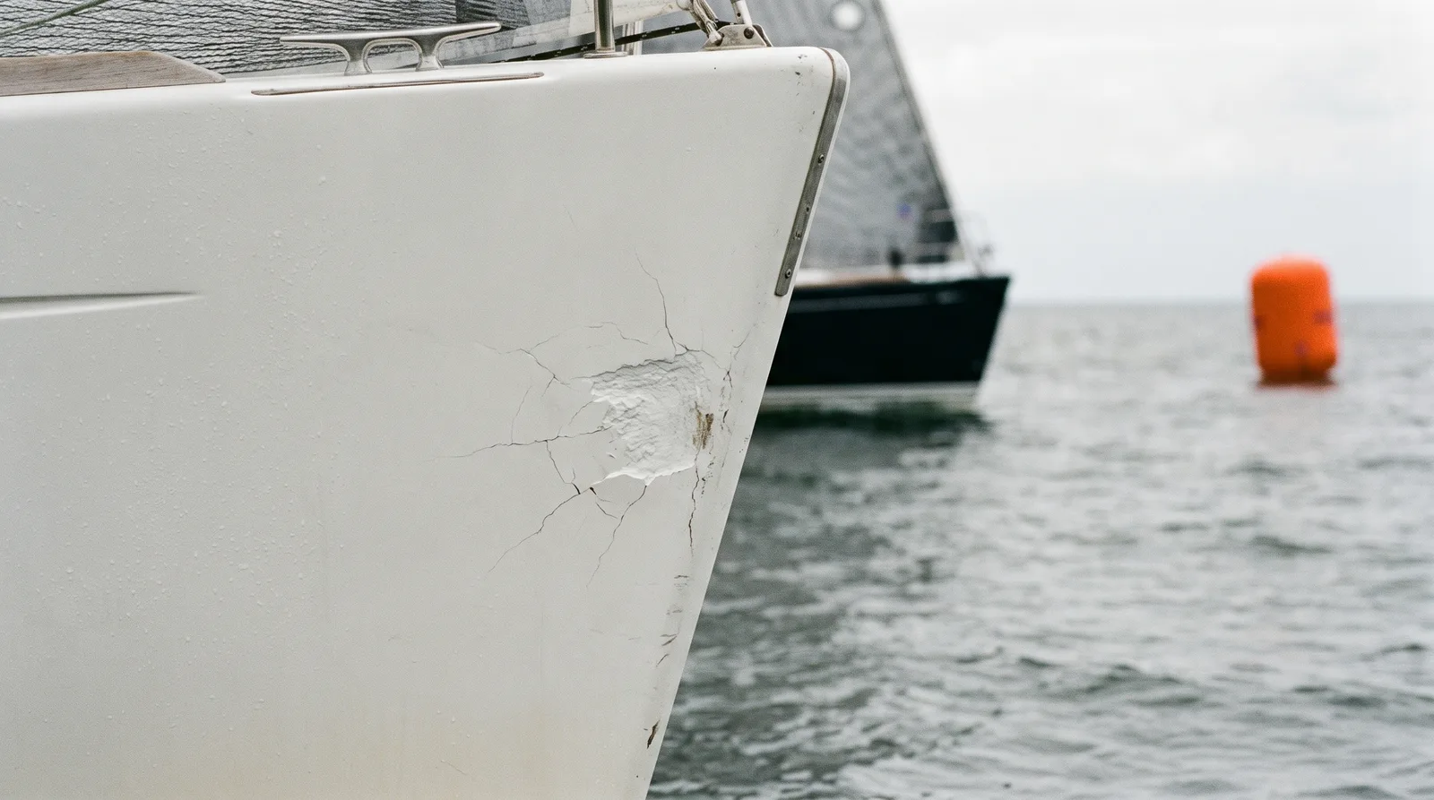 Bug einer Regattayacht mit frischem Kollisionsschaden im Gelcoat, dahinter ein zweites Boot und eine orange Wendemarke