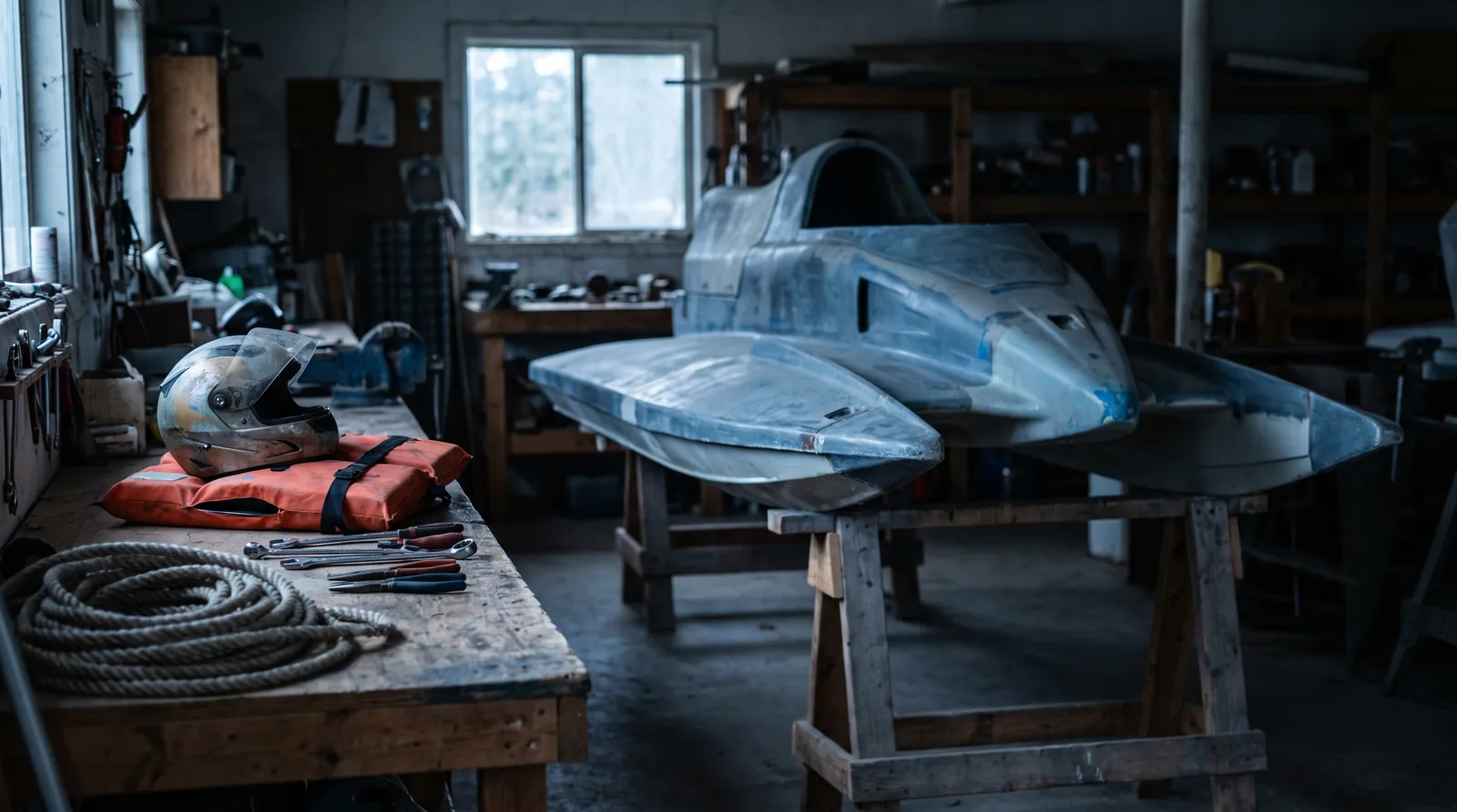 Rennboot auf Böcken in einer Werkstatthalle, daneben Helm und Rettungsweste auf der Werkbank