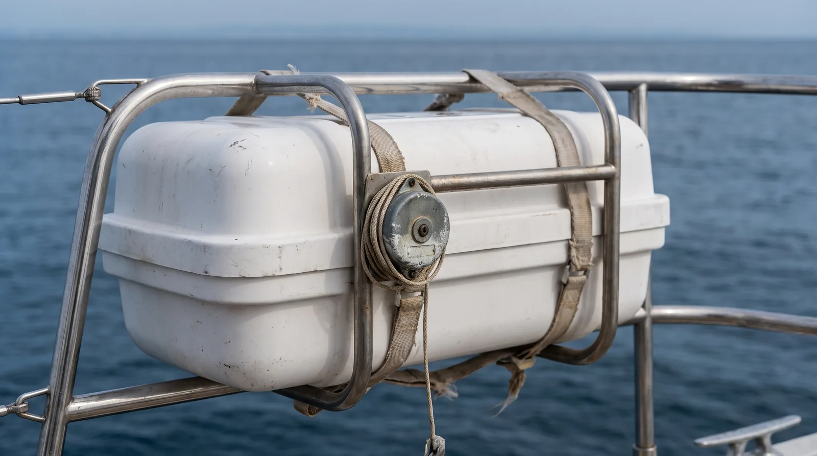 Rettungsinsel im Container mit Wasserdruckauslöser in ihrer Edelstahlhalterung am Heckkorb einer Yacht