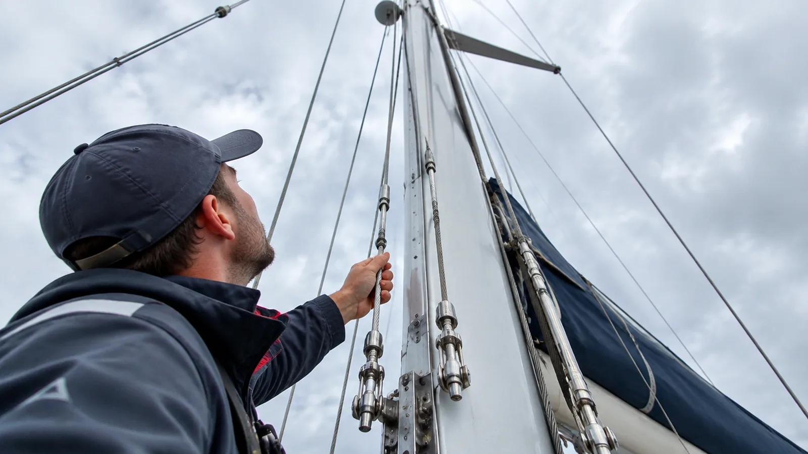 A rigger checking the shroud tension on the mast of a sailing yacht