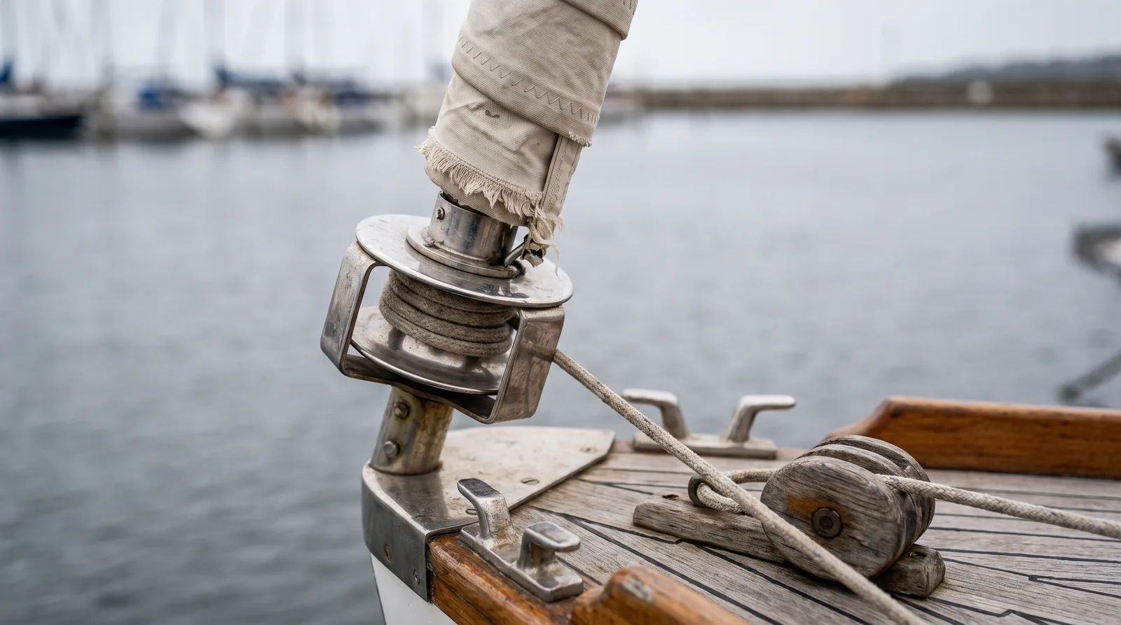Rollreffanlage am Bug einer Segelyacht mit Trommel, Reffleine und eingerollter Genua mit ausgefranstem Rand, dahinter ein Hafen