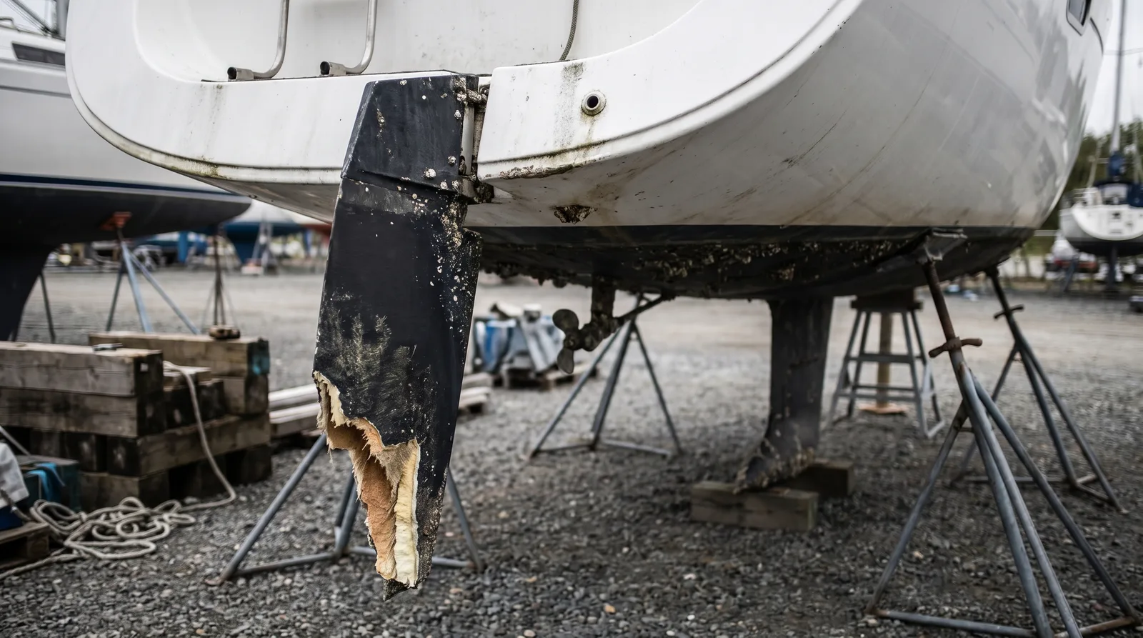 Heck einer aufgebockten Segelyacht in einer Werft, das Ruderblatt ist abgebrochen, an der Bruchkante liegt der Schaumkern frei