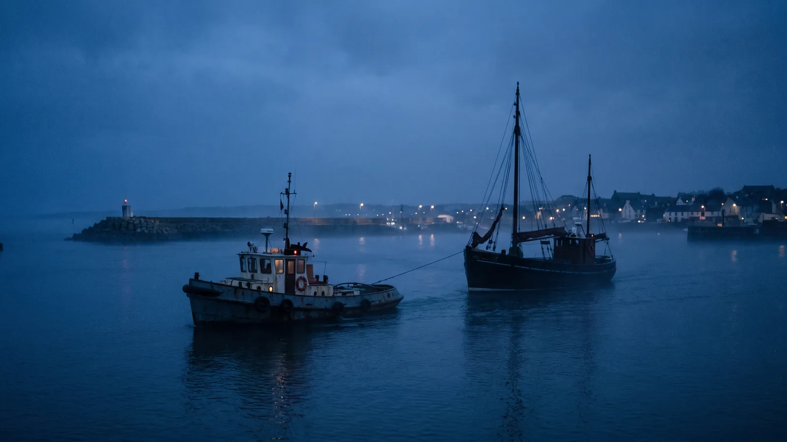 A boat under tow into harbour on calm water with no visible damage