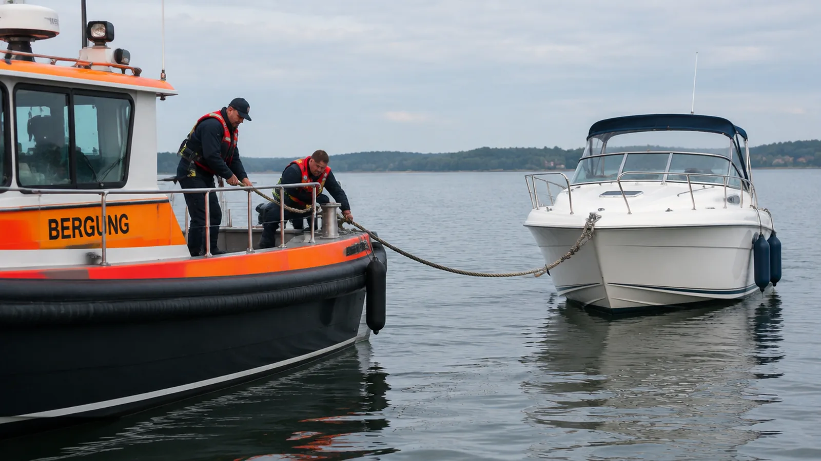 A salvage boat takes a motor boat in tow on calm water