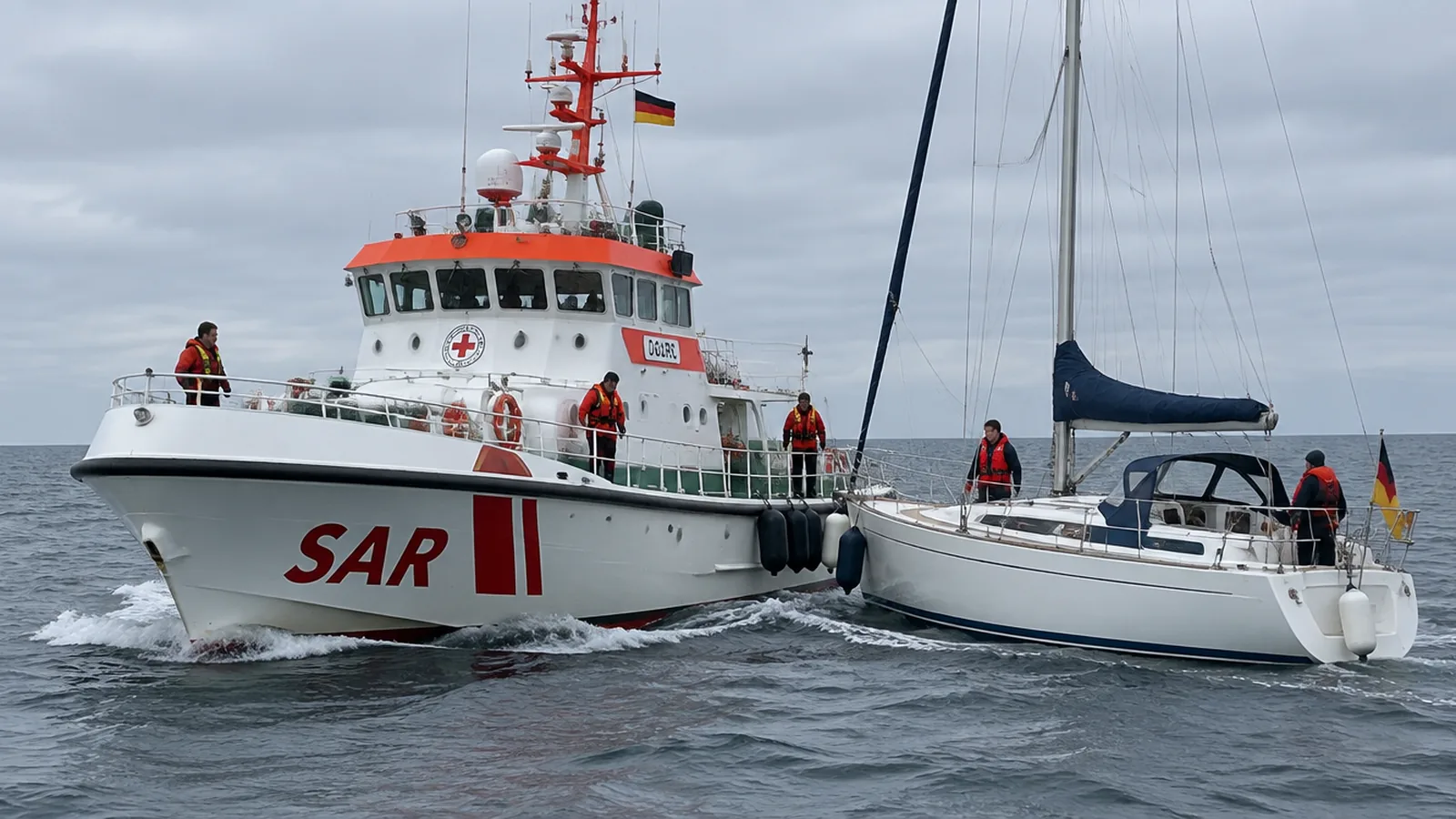 Ein Seenotrettungskreuzer läuft bei leichtem Seegang längsseits eines Segelbootes