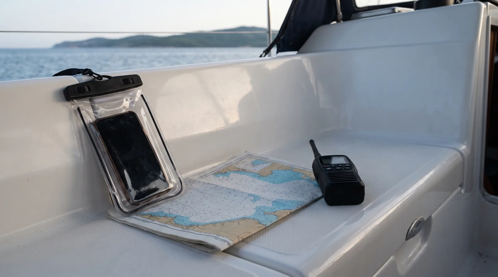 Smartphone in wasserdichter Hülle neben Seekarte, Handfunkgerät und Fernglas im Cockpit