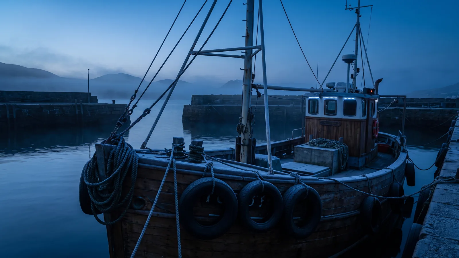 Extra warps and fenders neatly rigged on an undamaged boat at first light