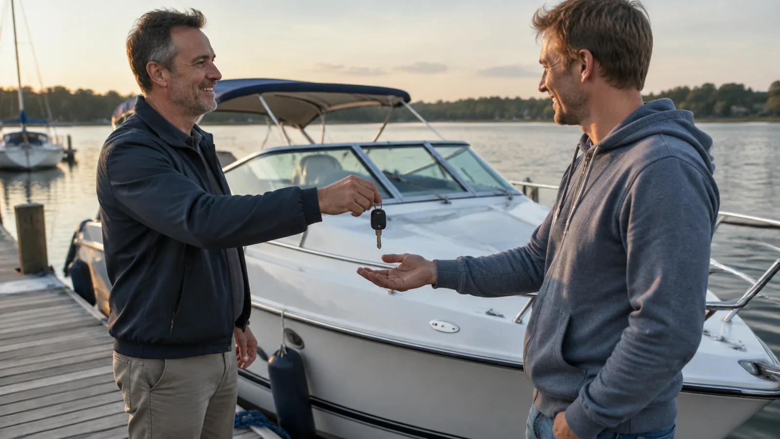 Ein Bootseigner reicht einem Bekannten am Steg den Schlüssel für sein Motorboot