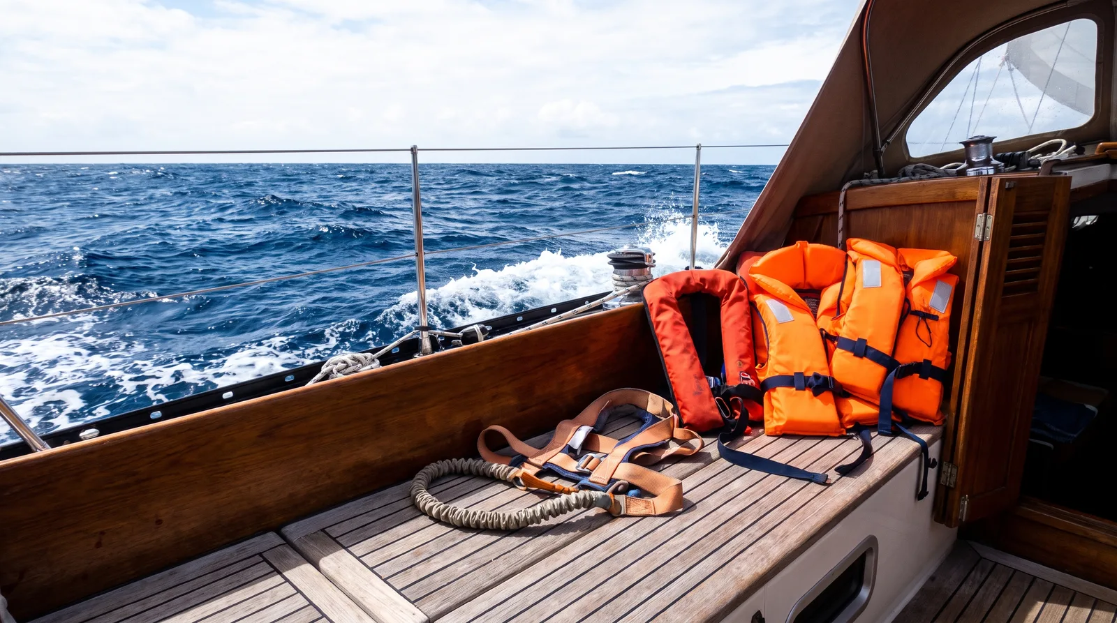 Orange Rettungswesten und ein Lifebelt mit Sicherungsleine liegen geordnet auf der Cockpitbank einer krängenden Segelyacht auf offener See