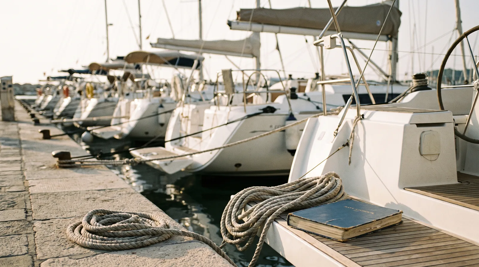 Ein aufgeschossener Festmacher und ein geschlossenes Logbuch auf der Cockpitbank einer Charteryacht, dahinter weitere Yachten im Hafen