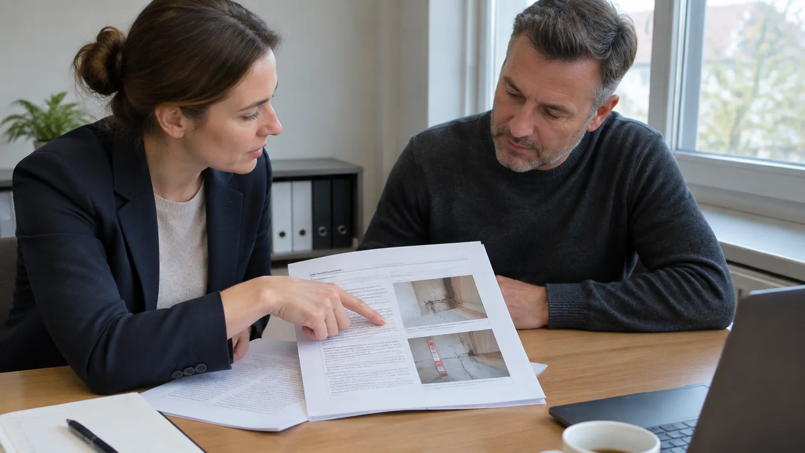 Two people going through a damage survey with photographs, one pointing at a passage in the report