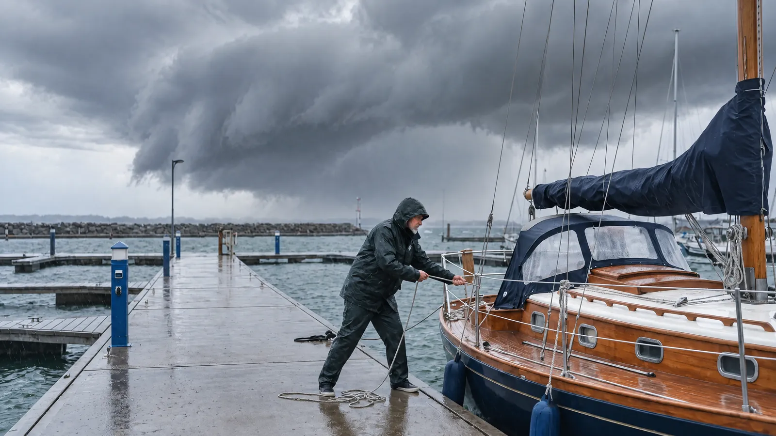 Ein Hafen unter einer schwarzen Sturmwand, eine Gestalt legt zusätzliche Leinen