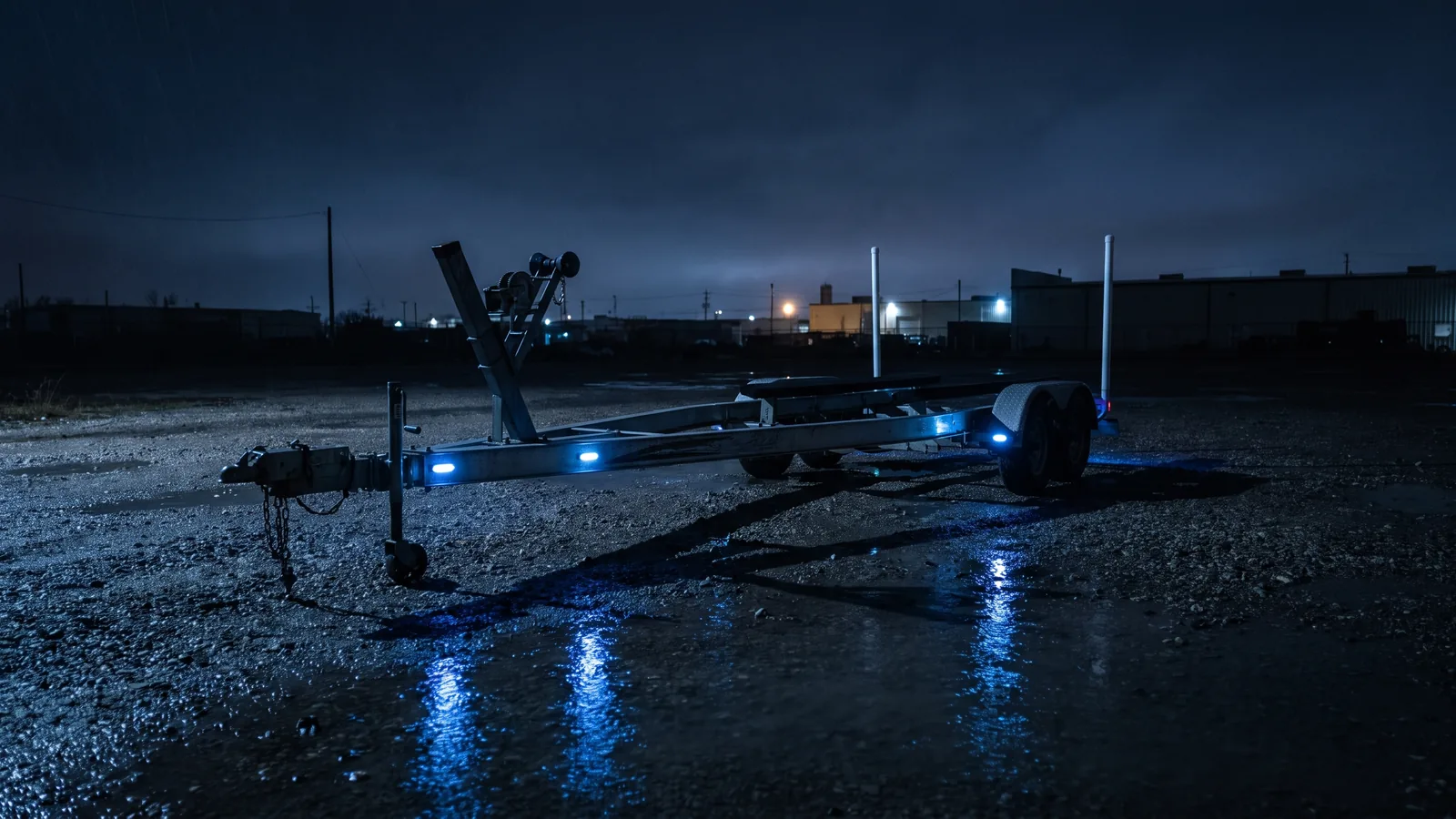 A boat trailer standing alone on dark gravel, drawbar down and no car in sight