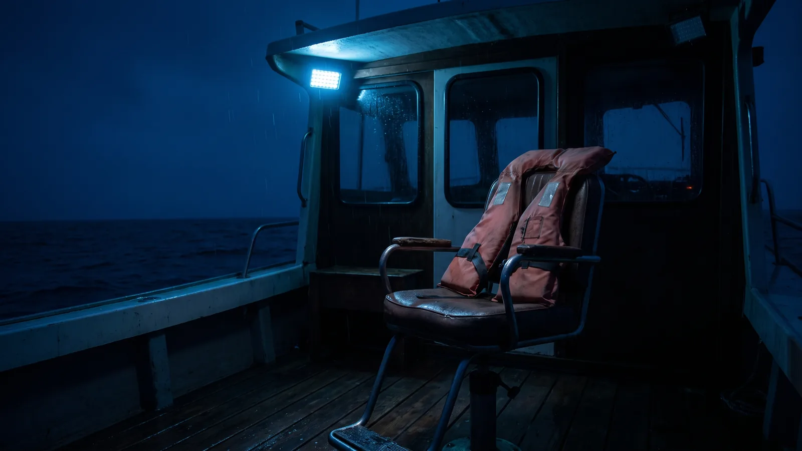 Ein leerer Steuerstand bei Nacht, quer darüber liegt eine Rettungsweste