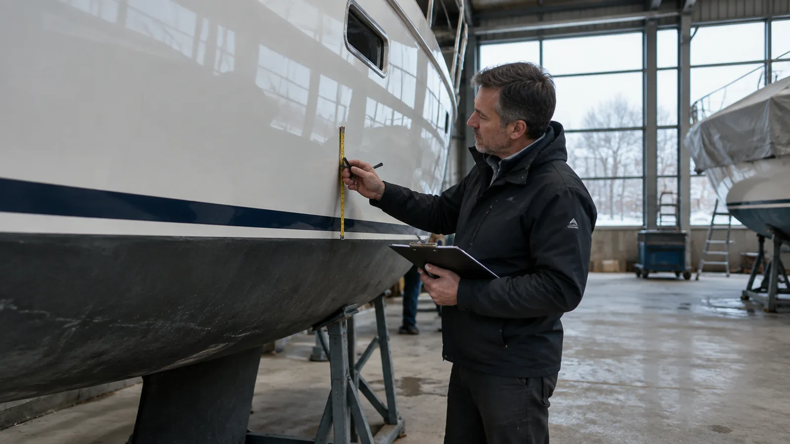 Ein Sachverständiger bewertet mit Klemmbrett und Maßband eine Yacht im Winterlager