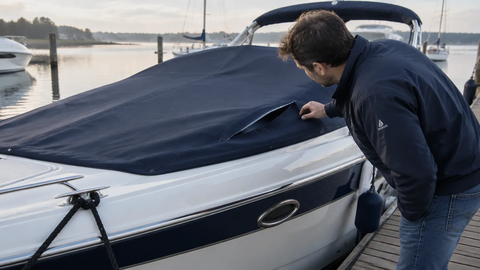 A clean cut in the cover of a motorboat at the pontoon, someone inspecting the damage