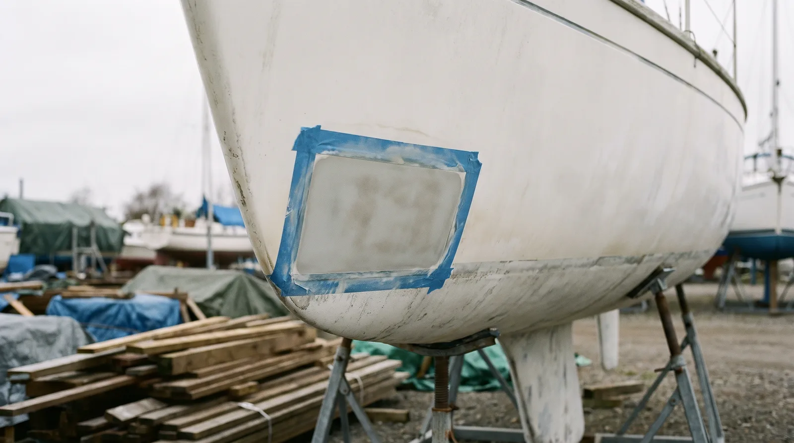 Reparierte Gelcoat-Stelle am weißen Rumpf einer Segelyacht auf dem Werftgelände