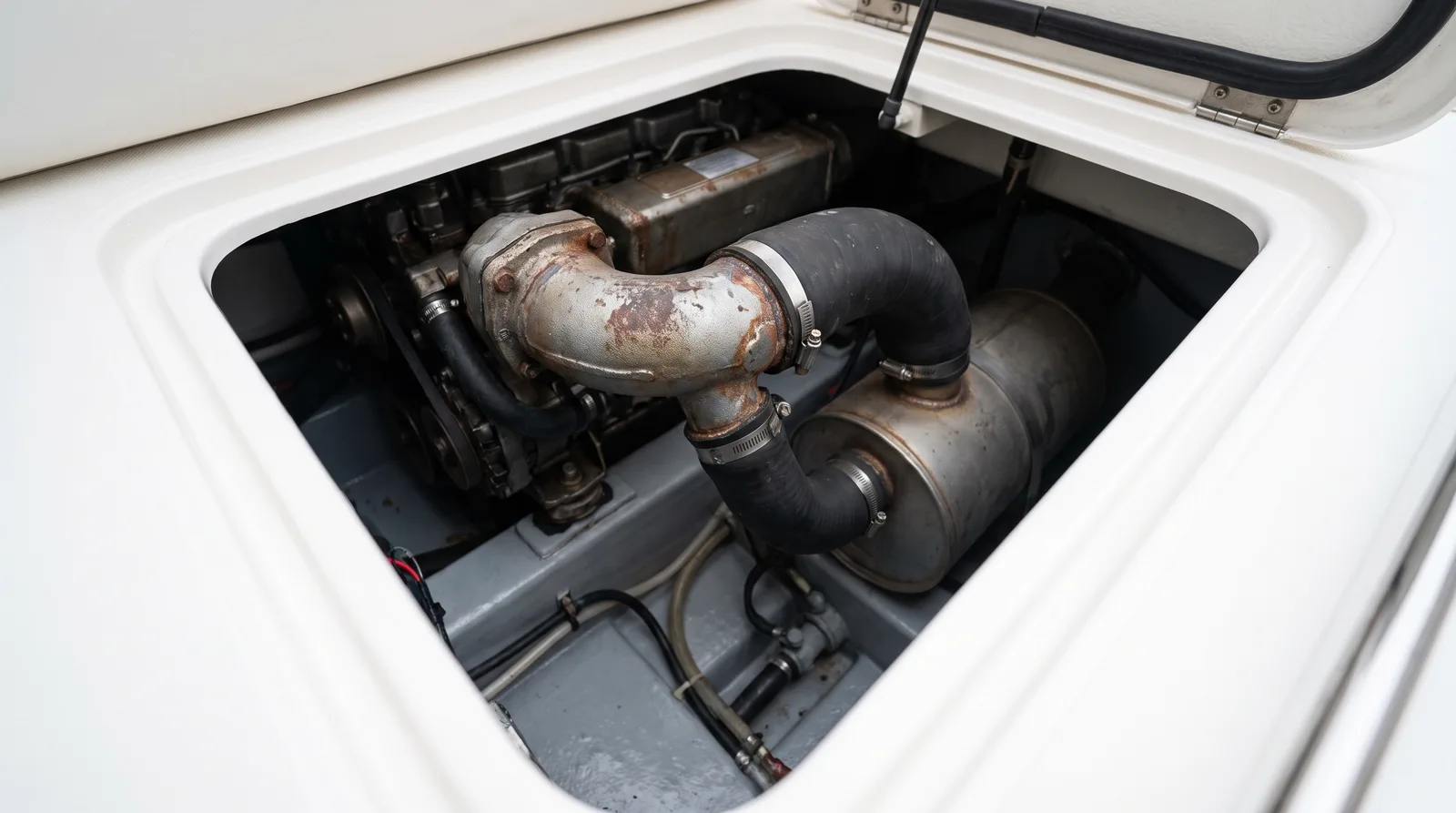 Geöffneter Motorraum einer Motoryacht mit Dieselmotor, wassergekühltem Auspuffkrümmer, schwarzem Abgasschlauch und Wassersammler