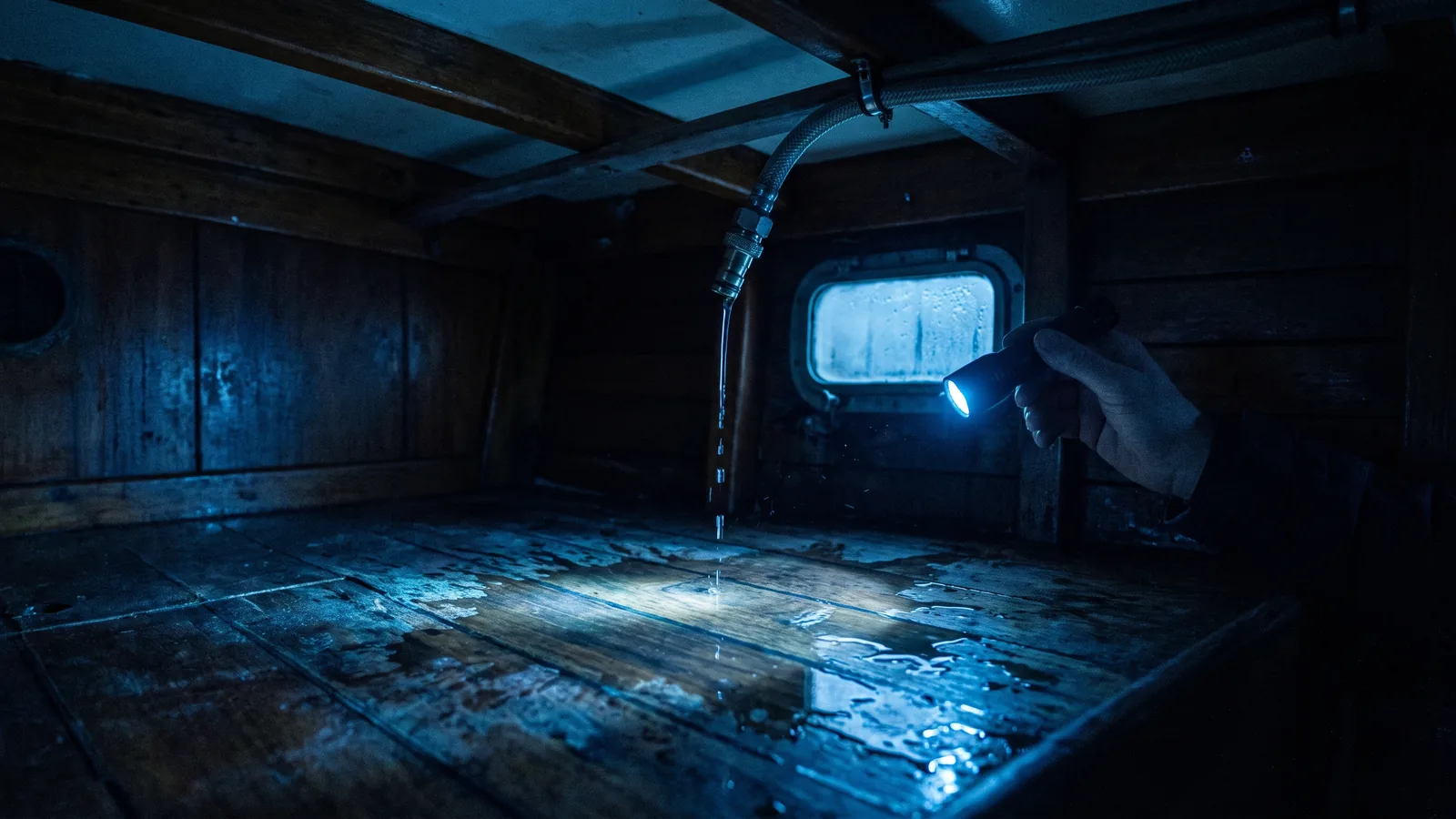 Water standing over the cabin sole at night, a dripping hose connection above it
