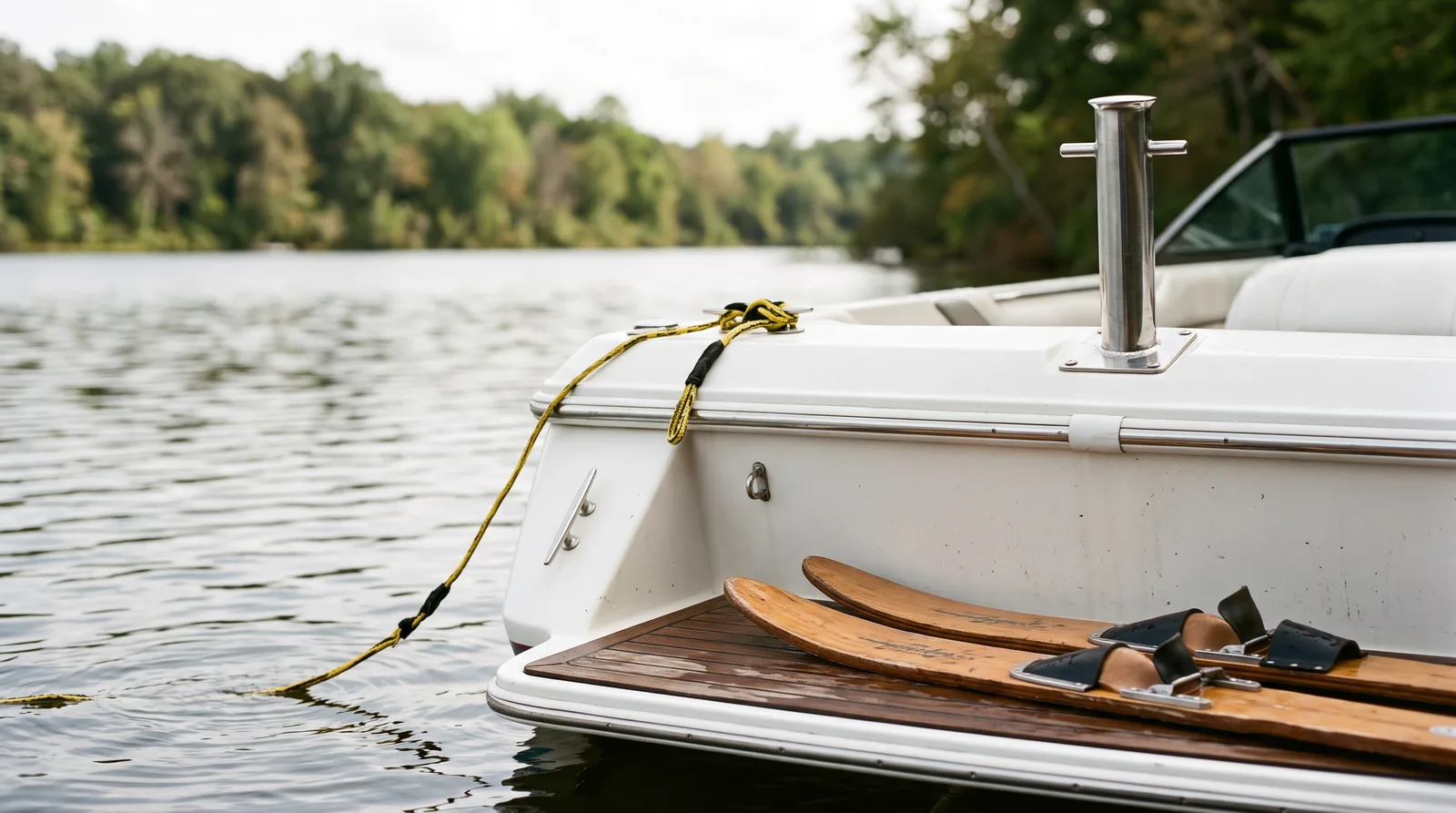 Heck eines gepflegten Sportboots auf einem ruhigen See mit Schleppleine am Wasserskimast und einem Paar Wasserski auf der Badeplattform