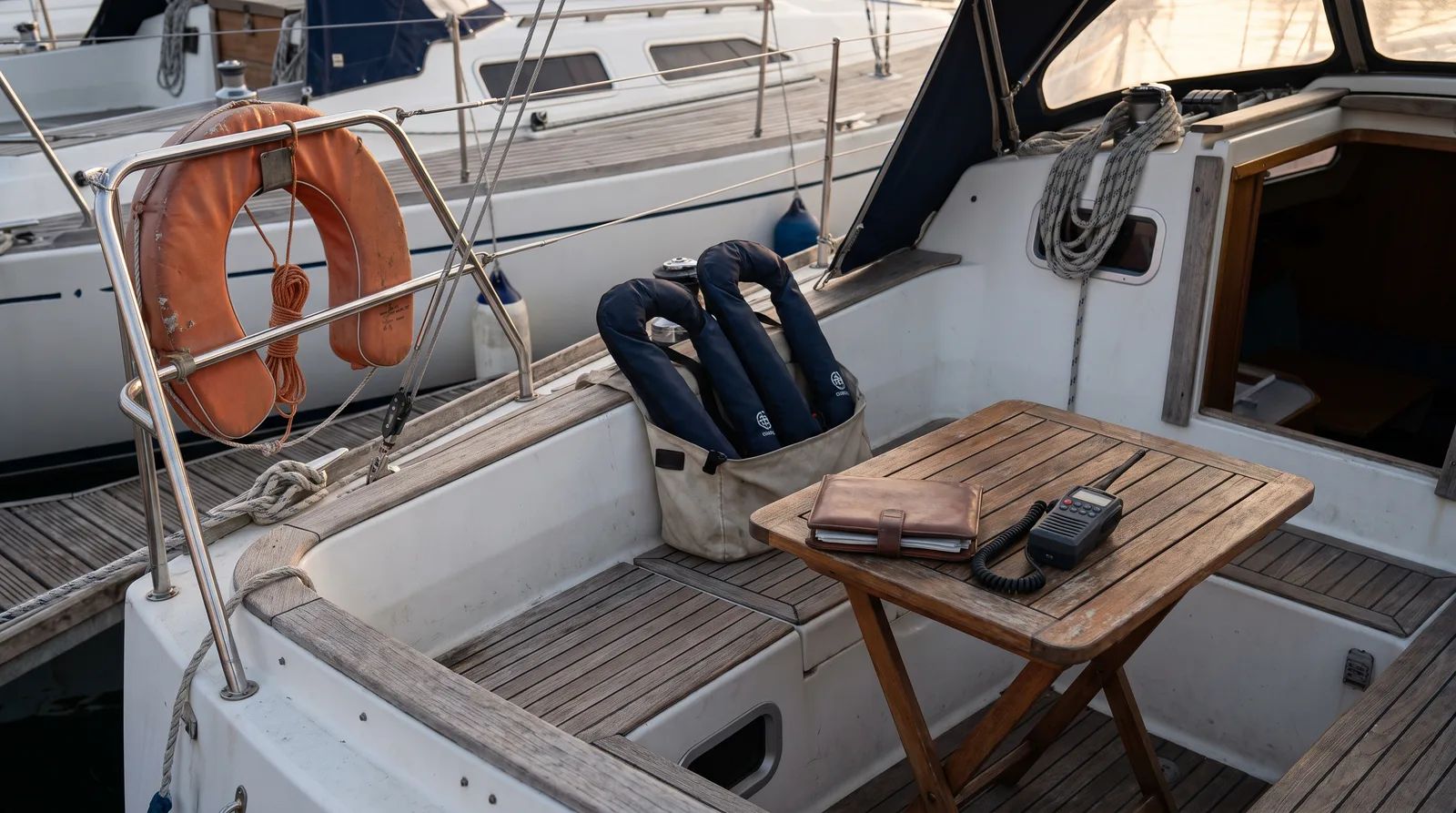 Cockpit einer gepflegten Segelyacht mit Rettungsring, Rettungswesten und Handfunkgerät