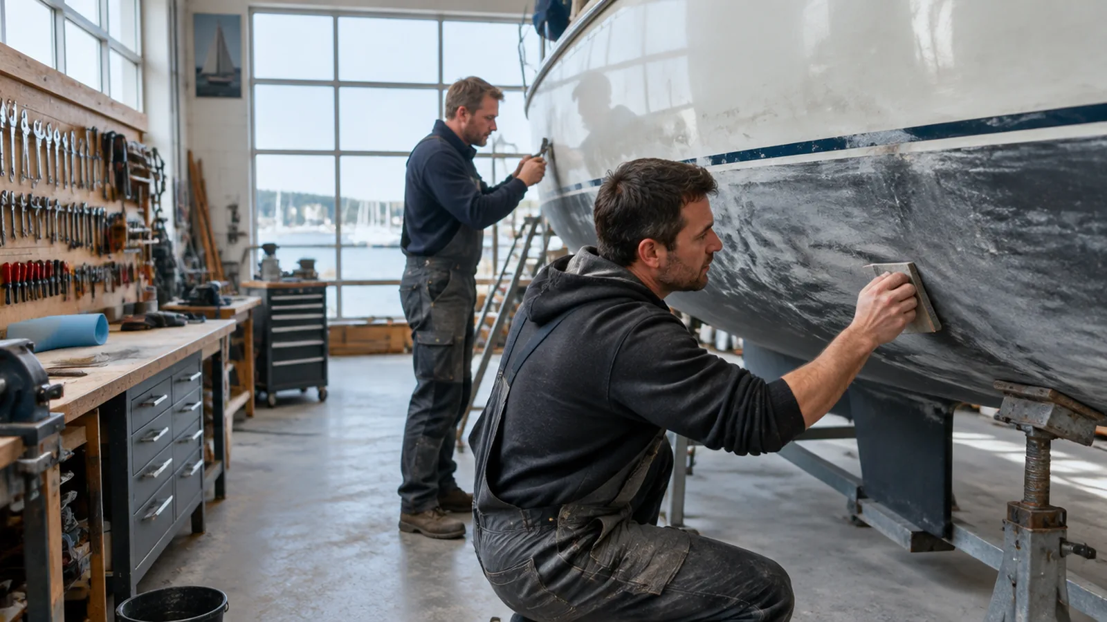 Zwei Handwerker arbeiten in einer hellen Bootswerft am Rumpf eines Bootes