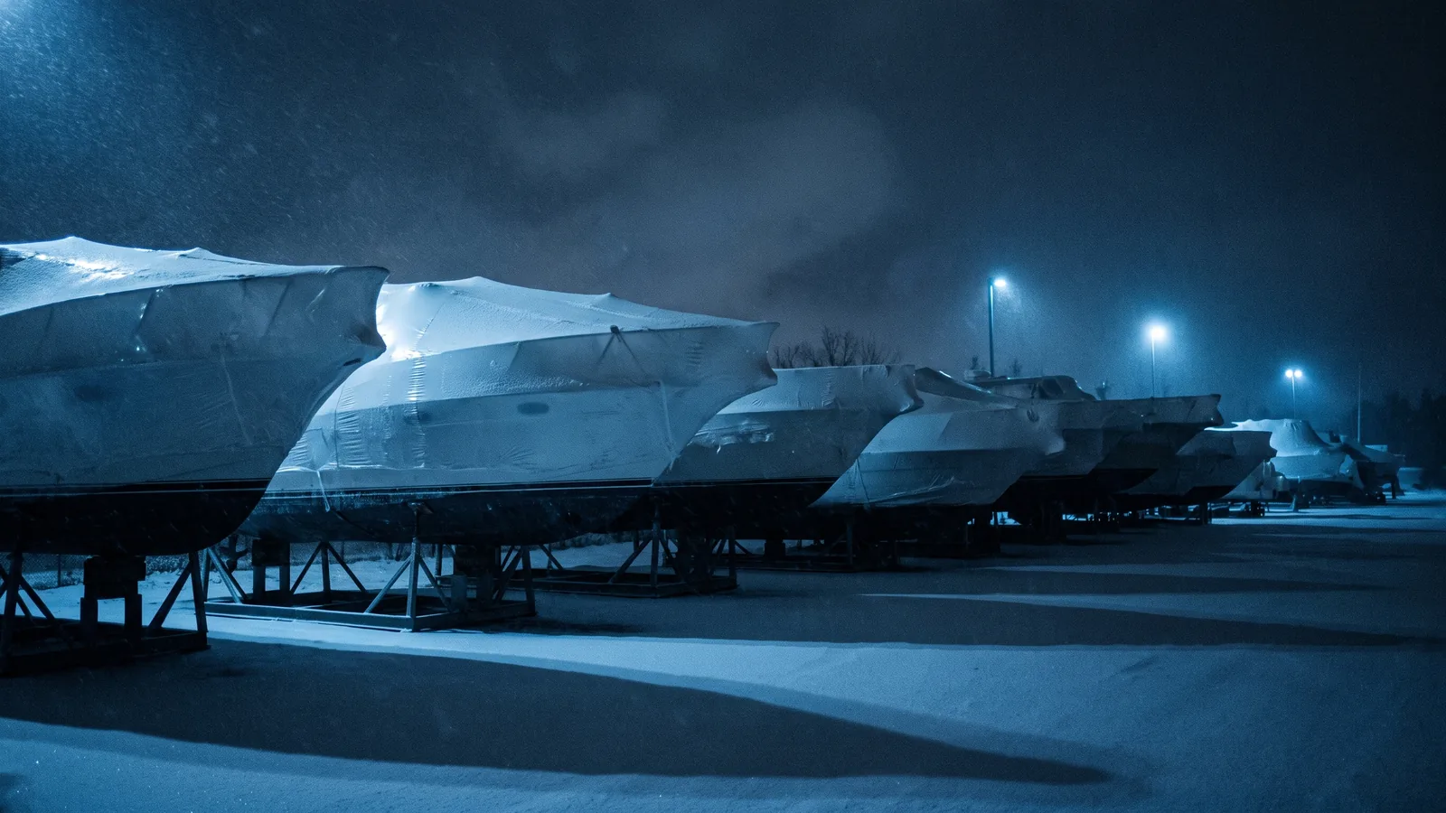 Boats on cradles under covers in a yard with snow on the ground