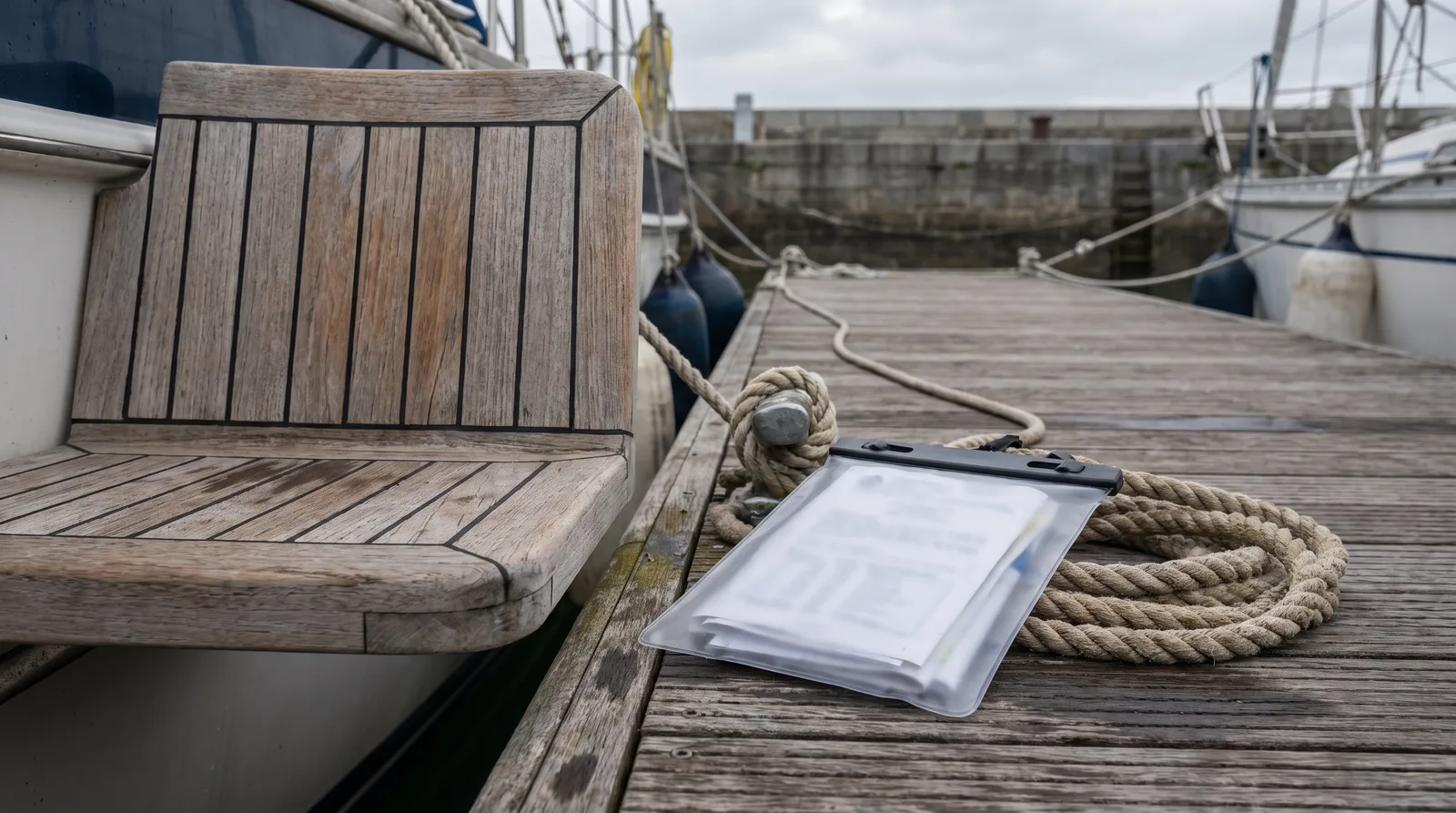 Bootspapiere in einer wasserdichten Hülle auf der Cockpitbank einer Fahrtenyacht am Steg