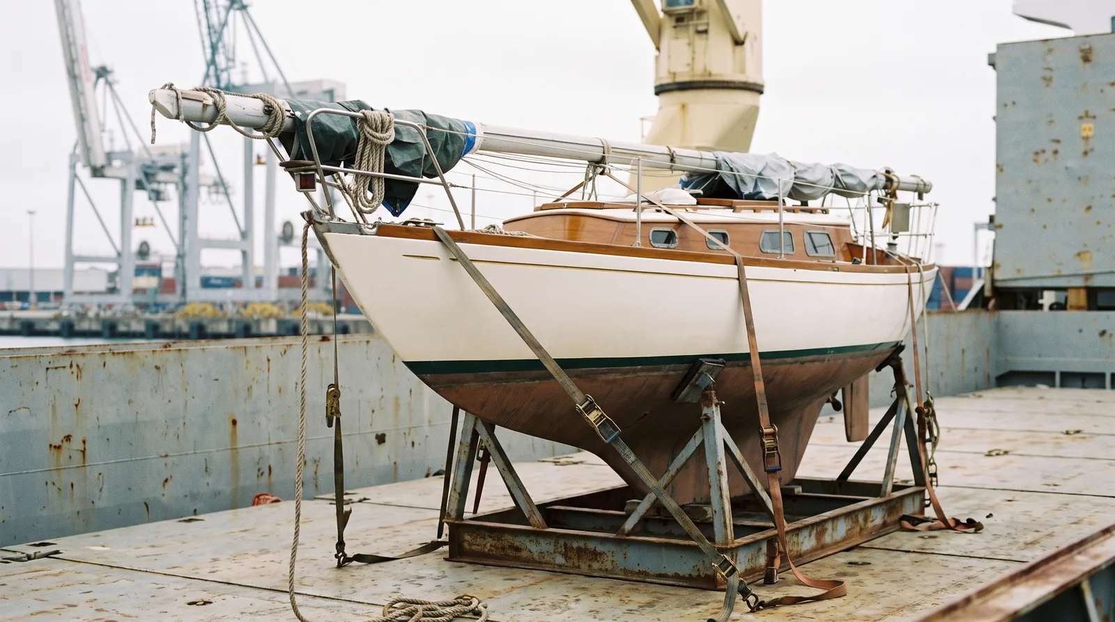 Segelyacht in einem Stahlgestell mit Spanngurten auf dem Deck eines Frachters im Hafen