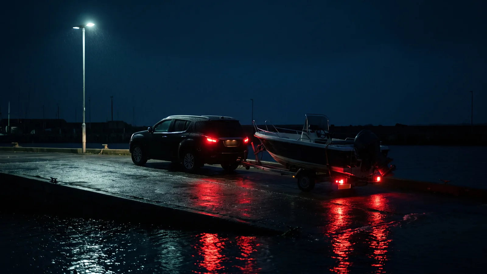 Gespann mit Boot auf der nassen Rampe bei Nacht