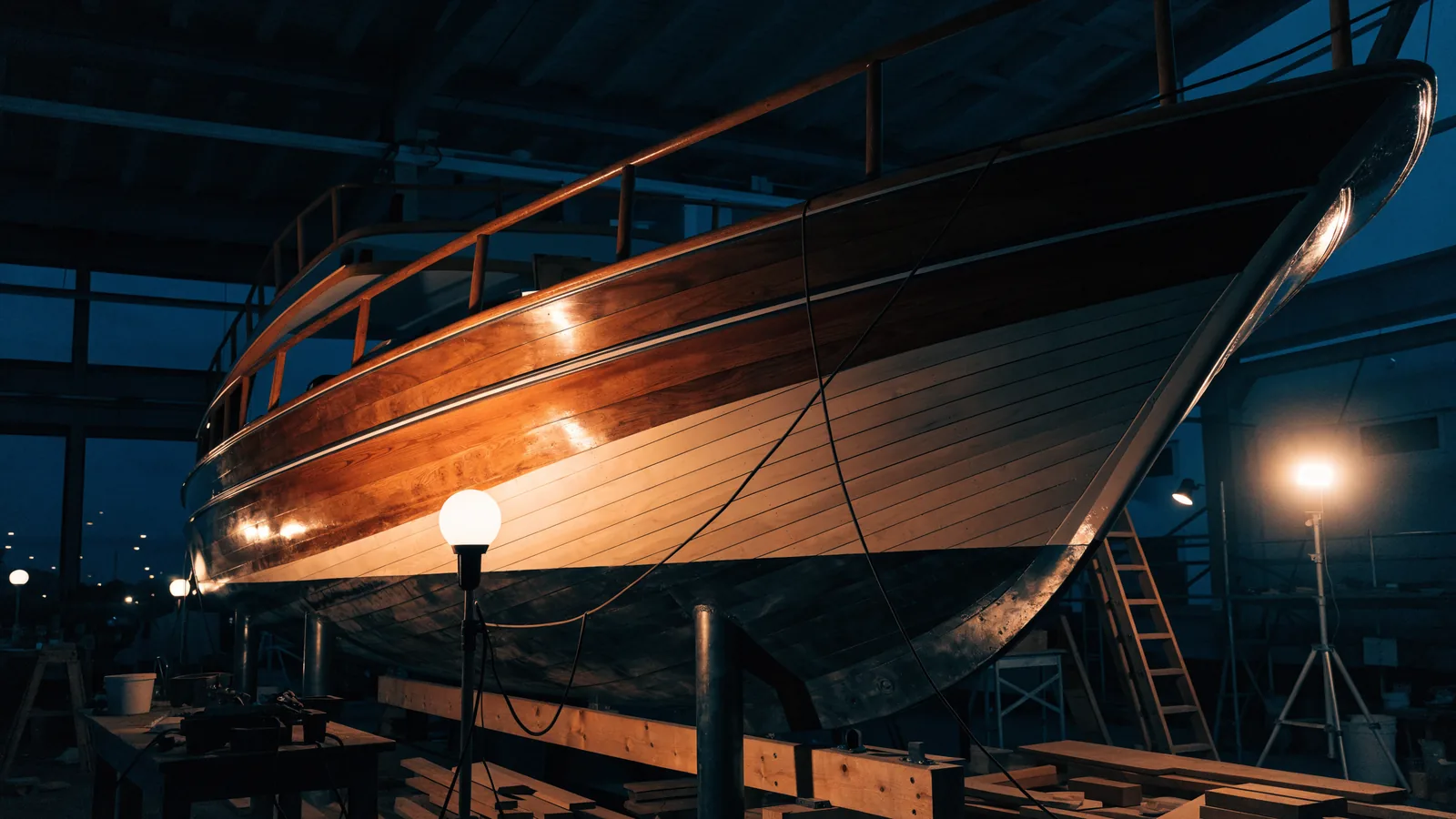 Klassische Holzyacht bei der Restaurierung in der Werft