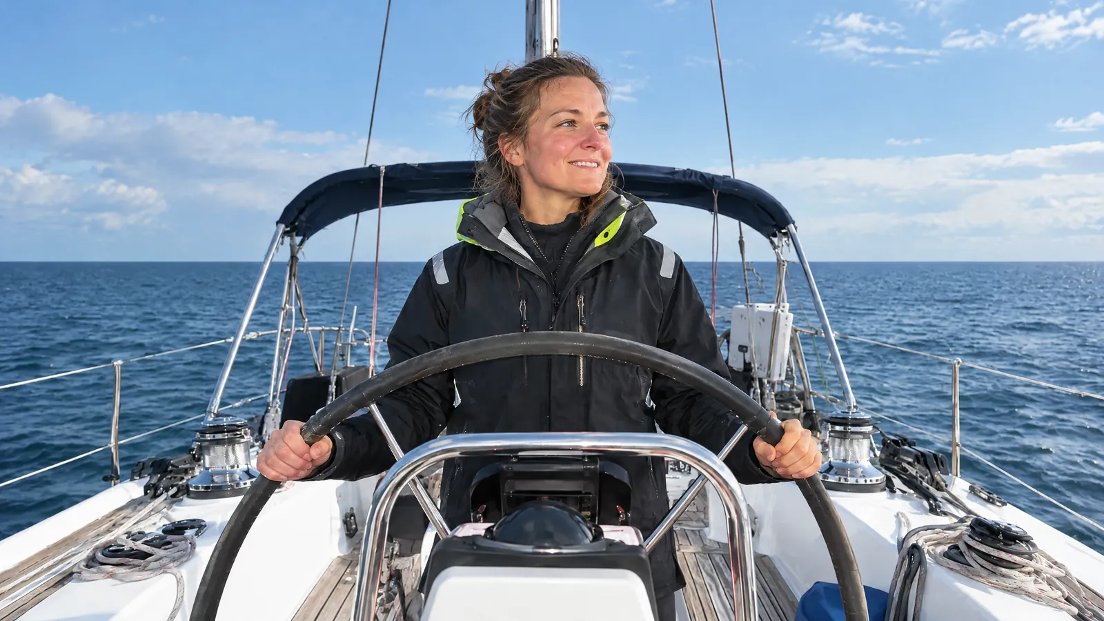 A sailor in foul-weather gear smiles at the wheel, a calm sea under a blue sky