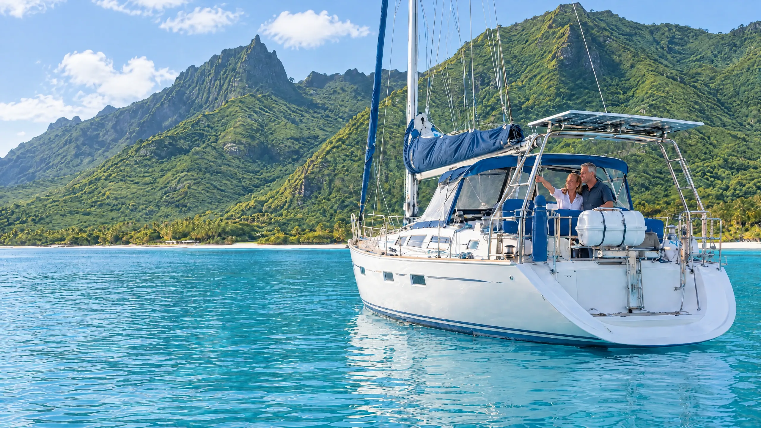Cruising yacht with solar arch at anchor in a turquoise bay, a laughing couple in the cockpit pointing at green volcanic peaks in the sunshine