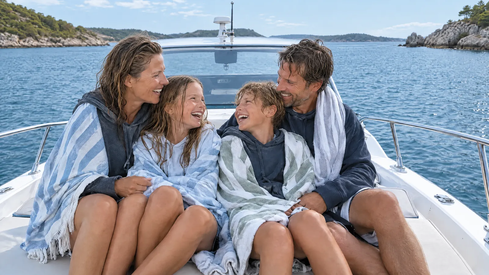 A family wrapped in towels after a swim laugh together on the bow in the sunshine