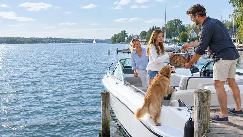 Familie mit Hund steigt am Steg in ein Motorboot