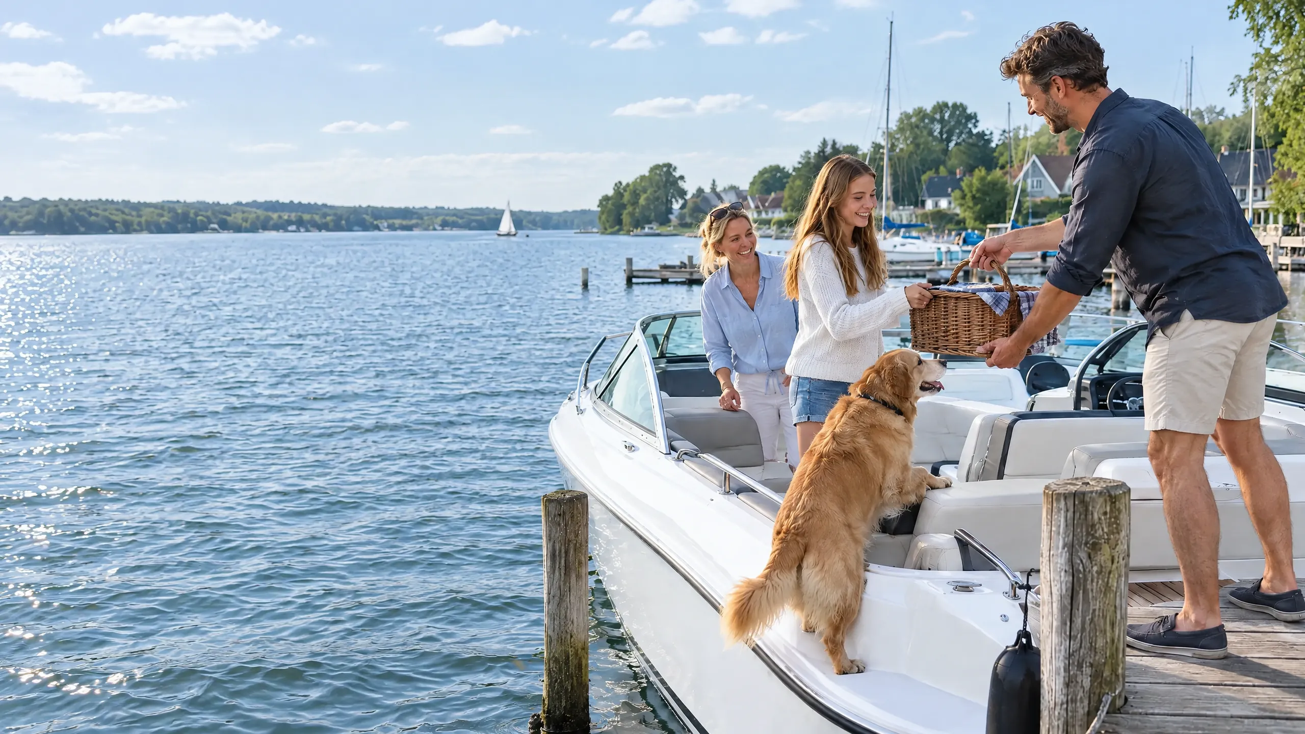 A father hands his daughter a picnic basket on the jetty as their golden retriever scrambles aboard the motorboat