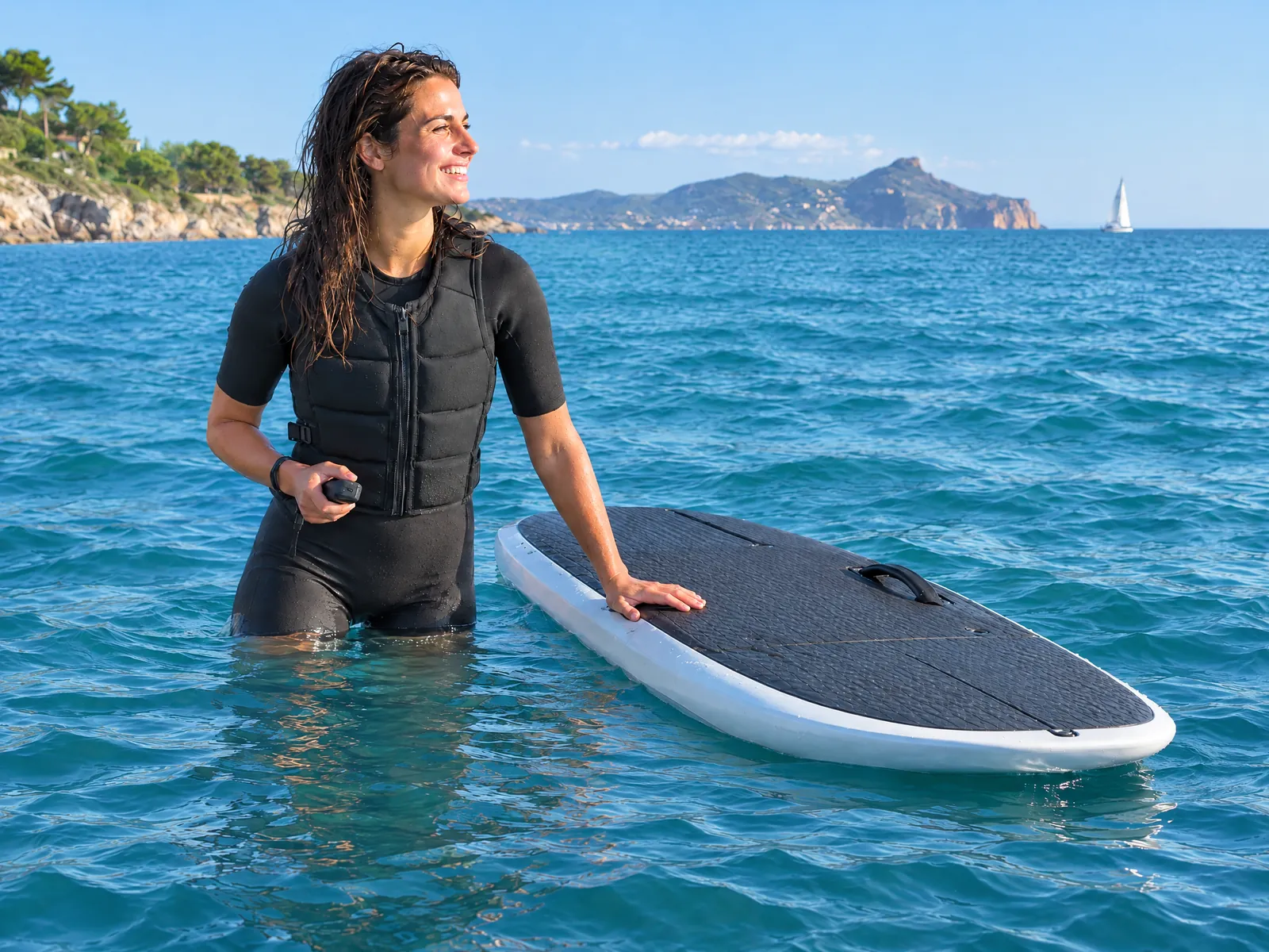 Lachende Frau in Neopren und Prallschutzweste steht hüfttief im Meer neben ihrem E-Foil, Fernbedienung in der Hand