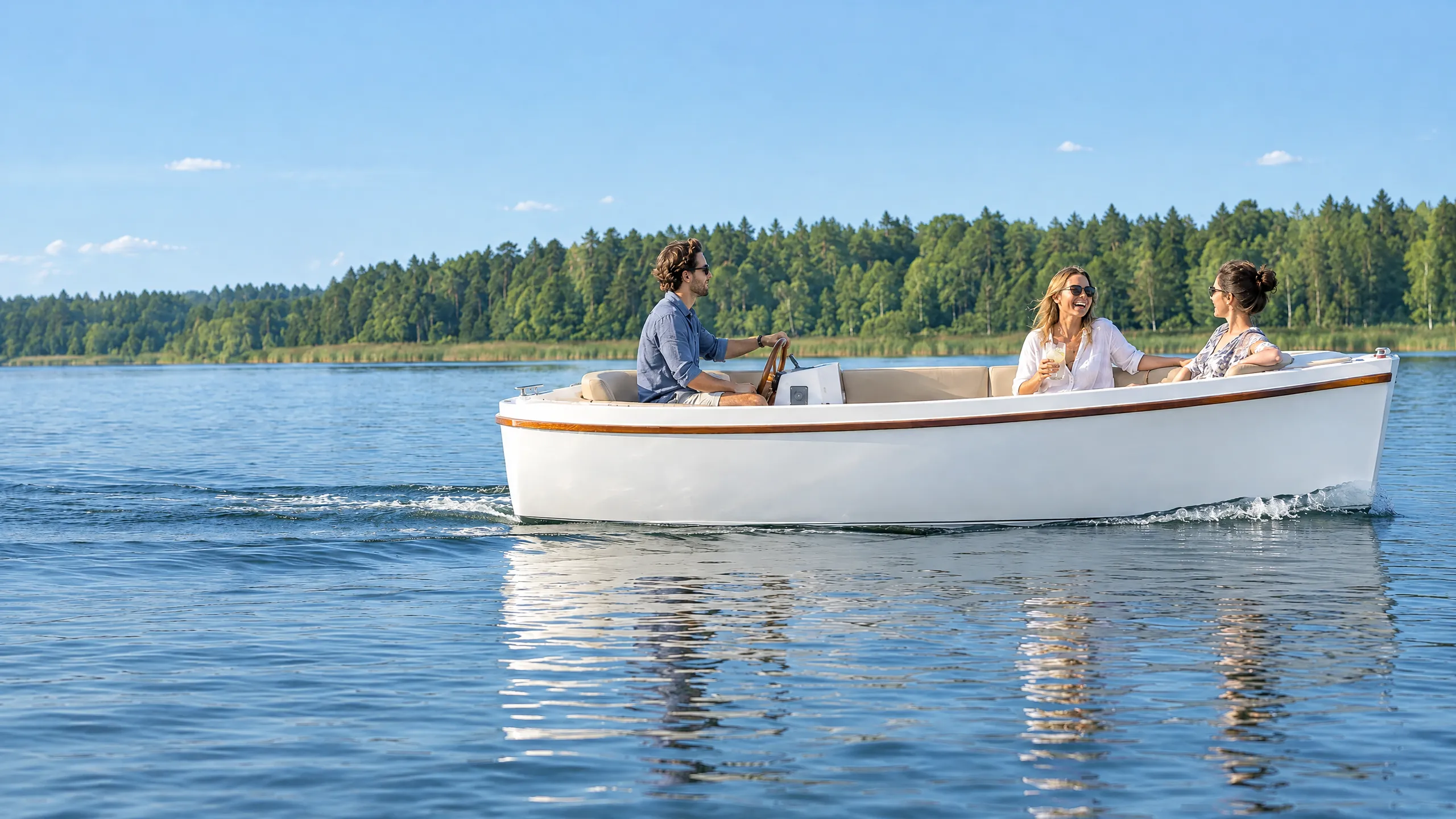 Three friends cruise slowly across a forest lake in a white electric sloep, one woman laughing with a glass of lemonade