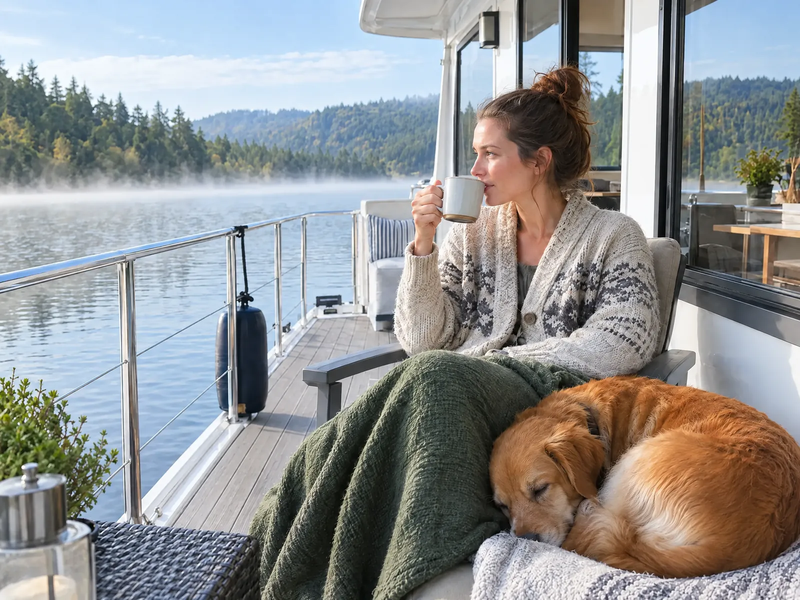 A woman drinks coffee on the deck of a houseboat in the sunshine, a dog asleep beside her