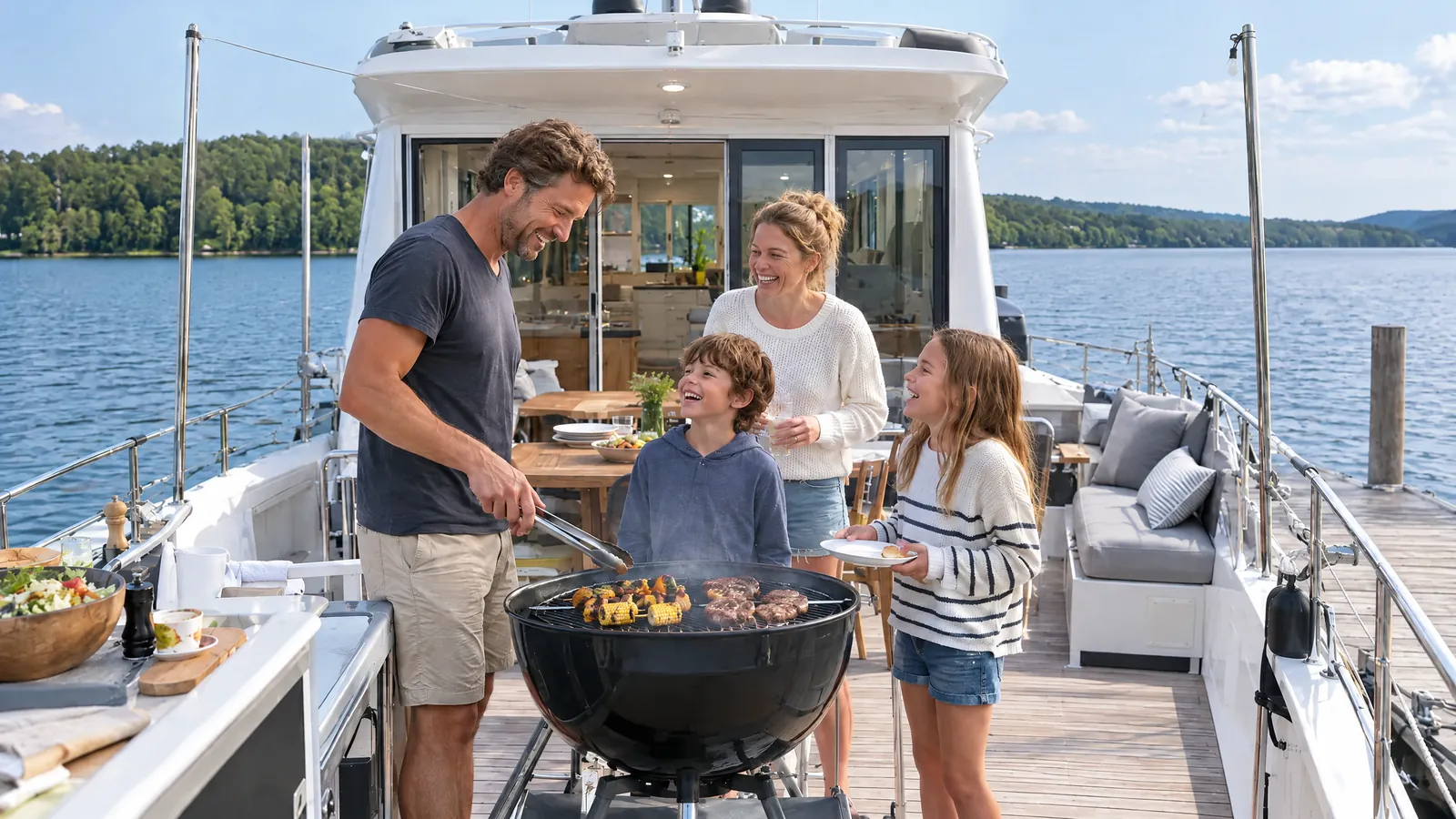A father barbecues on the deck of a moored houseboat, mother and children laughing in the sunshine