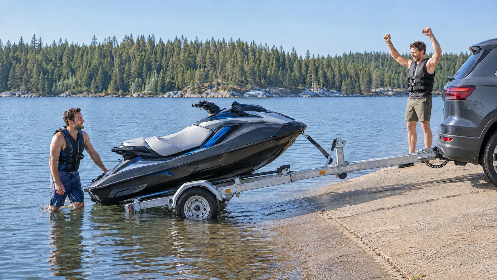Ein Mann steht im See am Jetski auf dem Trailer, der am Auto hängt, sein Freund jubelt an der Slipanlage