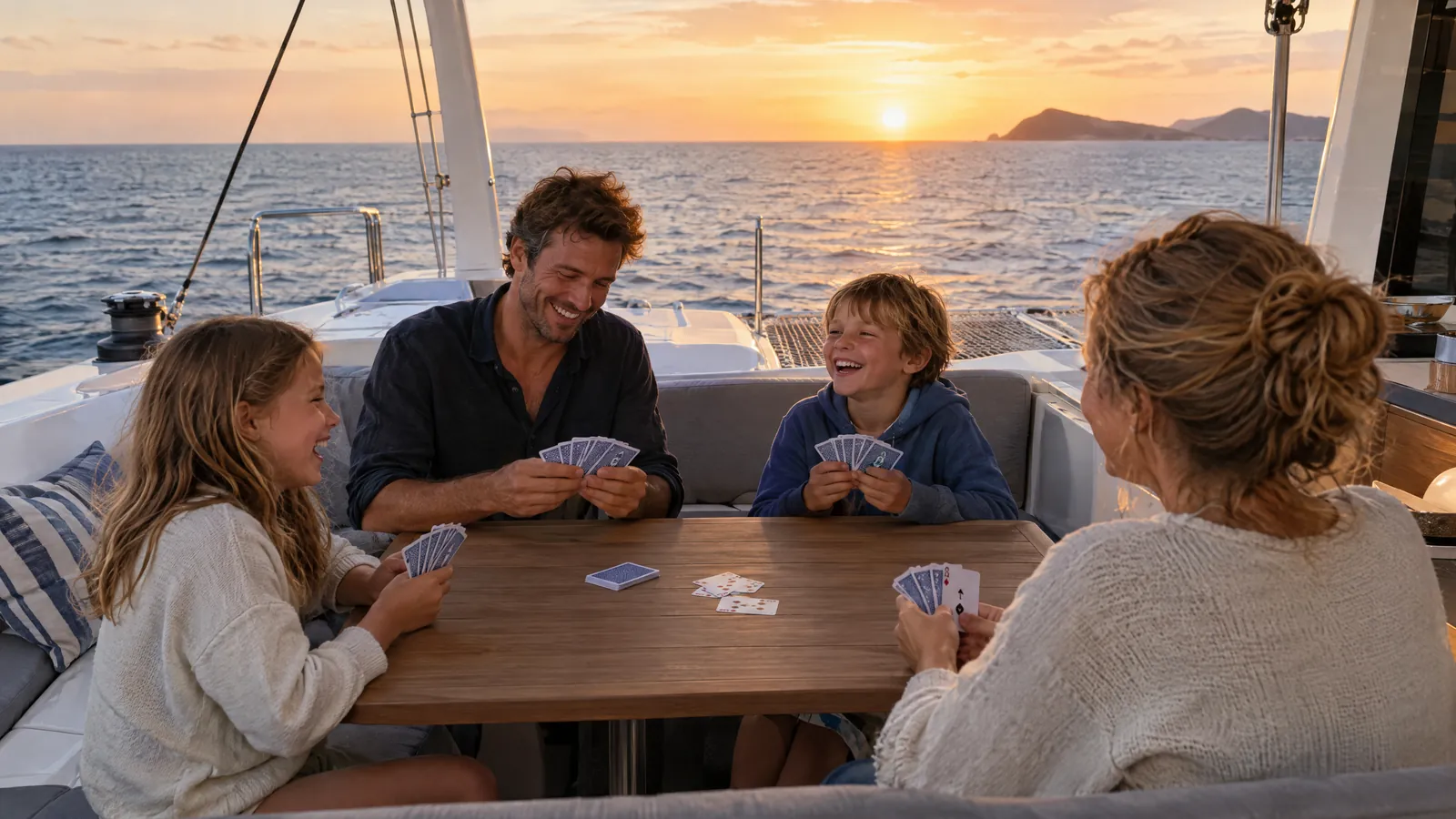 Eine Familie spielt bei Sonnenuntergang Karten am Tisch im Cockpit eines Katamarans, die Kinder lachen