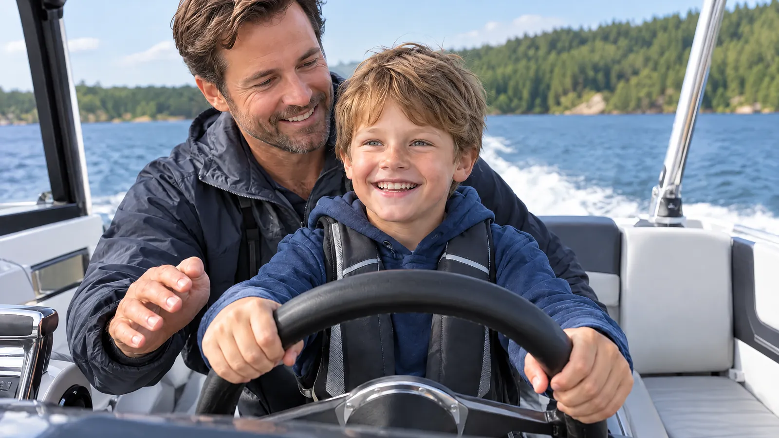A father lets his young son steer the motorboat, the boy beaming