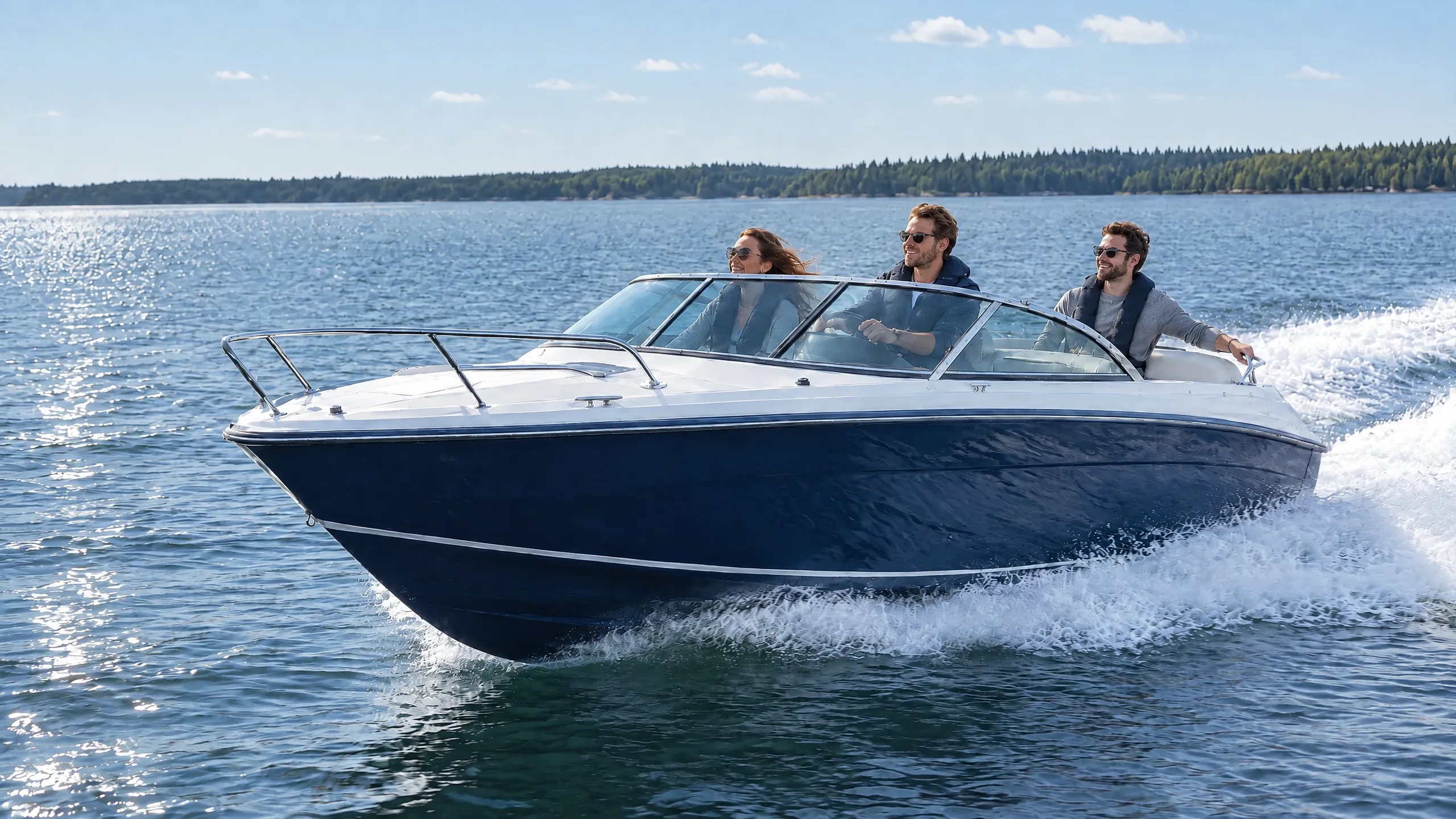 Three friends laughing behind the windscreen of a dark blue motorboat as it skims across a lake in the sunshine