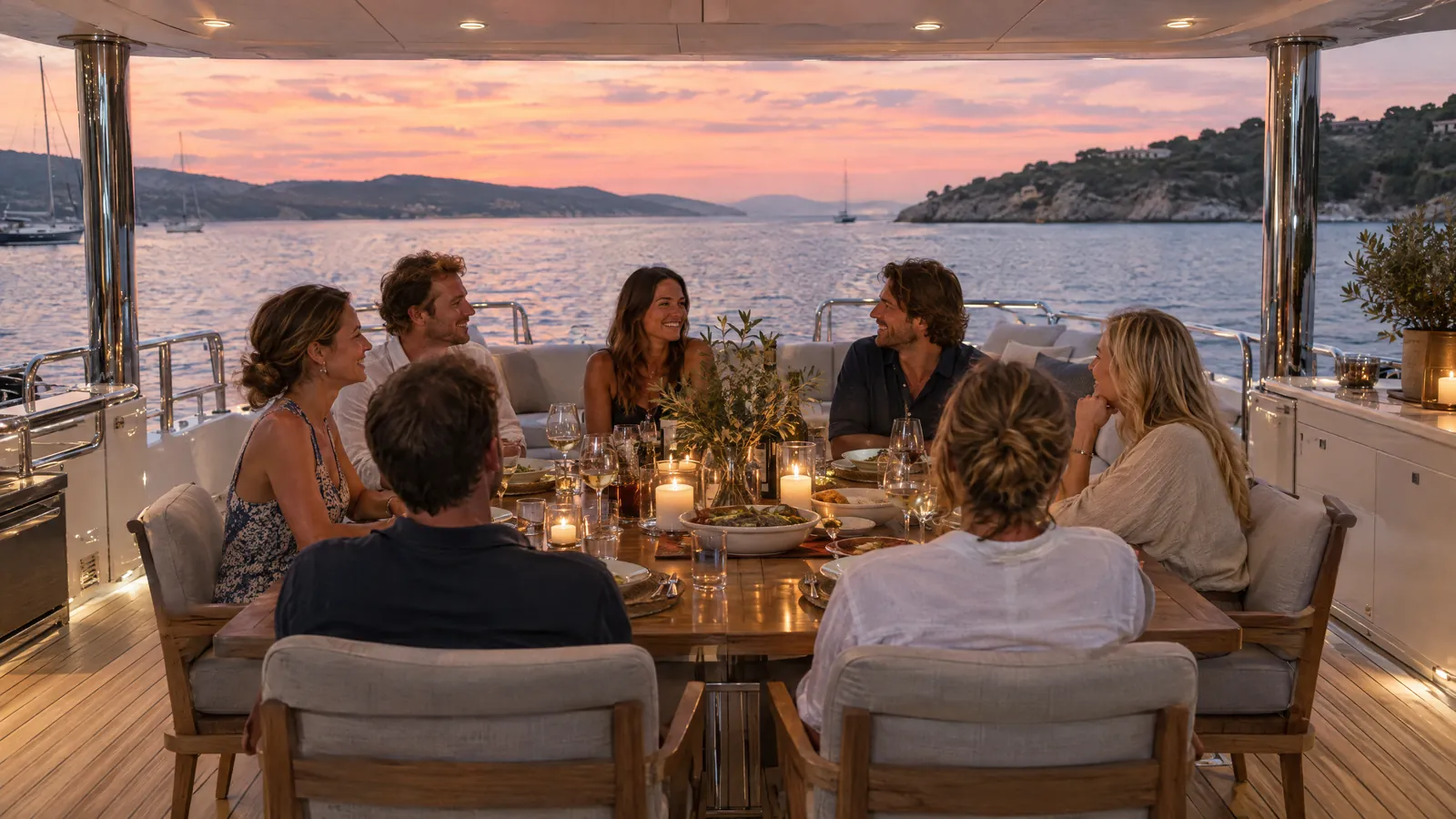 Freunde essen bei Kerzenlicht auf dem Achterdeck einer Motoryacht, dahinter eine Bucht im rosa Abendlicht