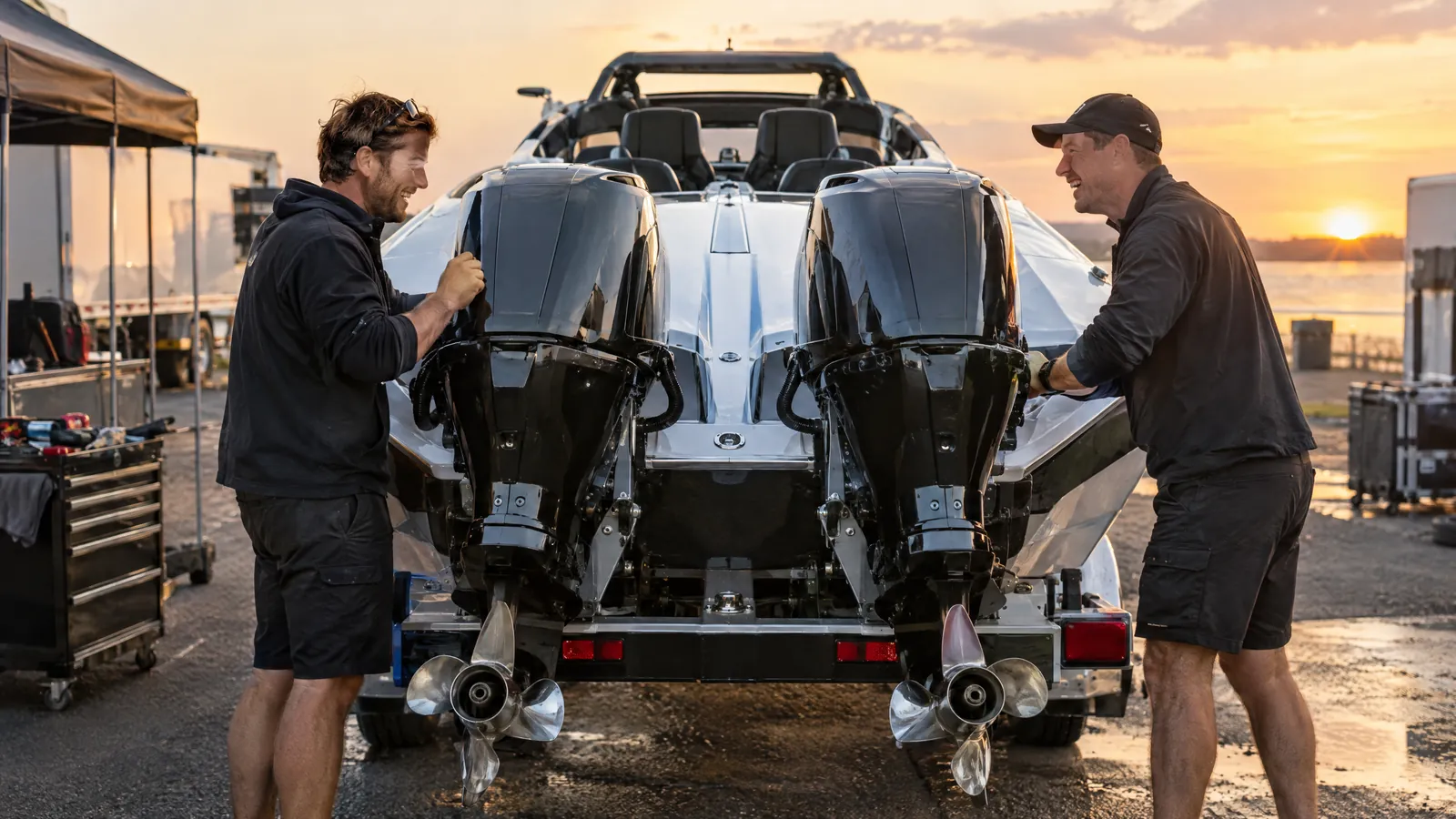 Zwei Mechaniker lachen bei Sonnenuntergang im Fahrerlager, zwischen ihnen die Motoren eines Rennboots auf dem Trailer