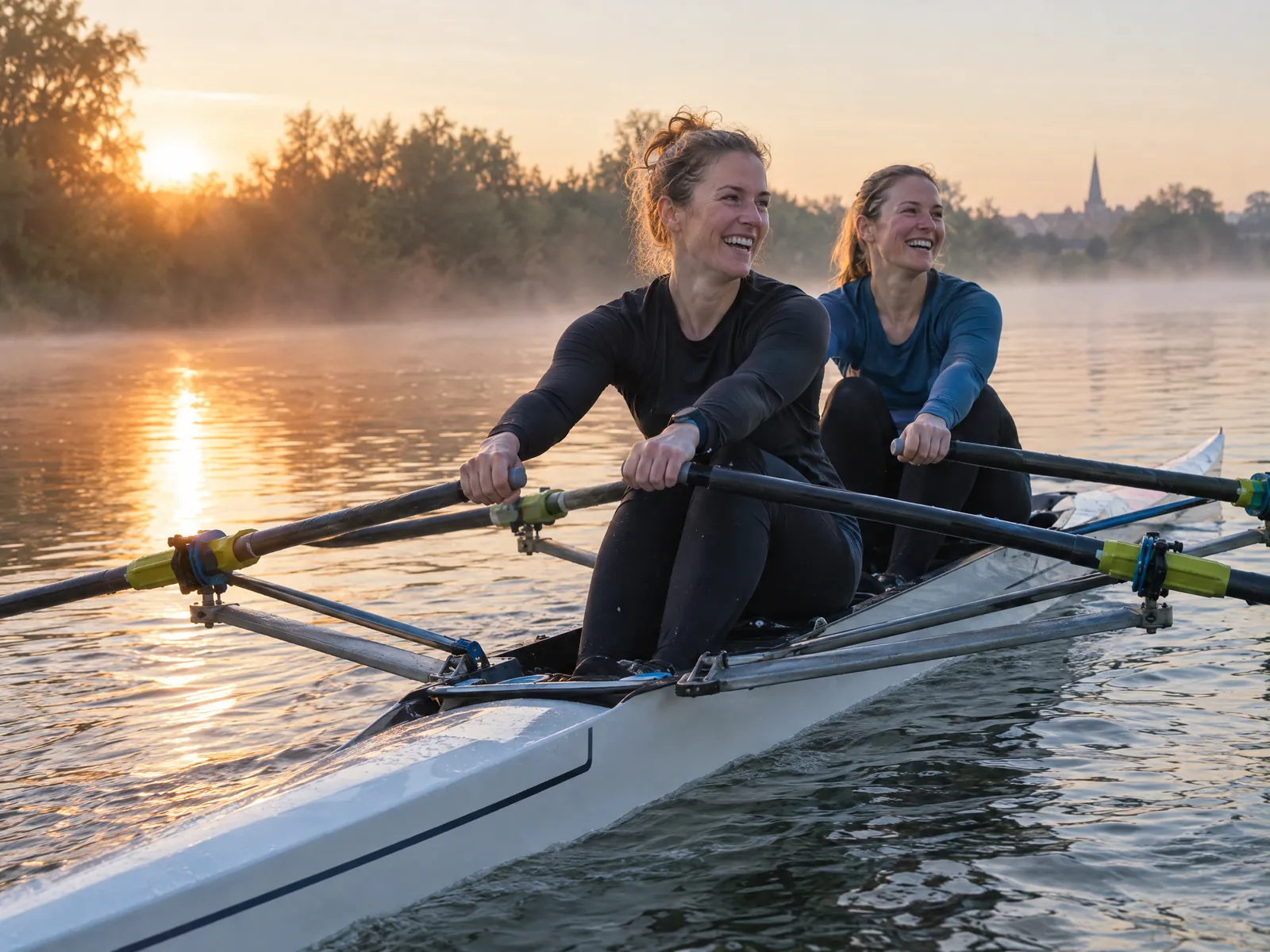 Zwei Frauen rudern lachend im Doppelzweier über einen Fluss, am Ufer geht die Sonne im Morgennebel auf