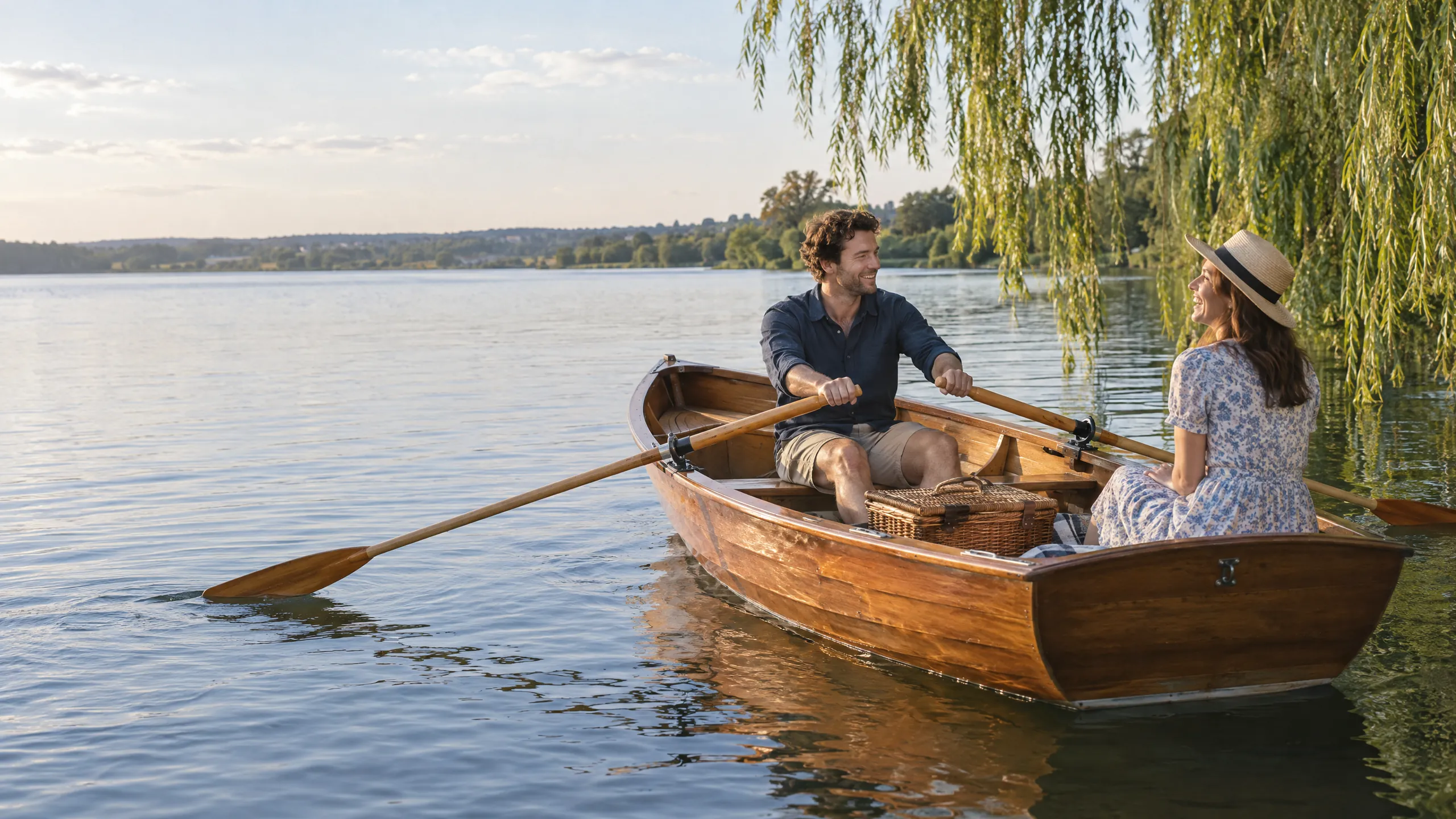 Ein Mann rudert ein Holzboot mit Picknickkorb über einen See, eine Frau mit Strohhut lacht ihm unter Weiden zu