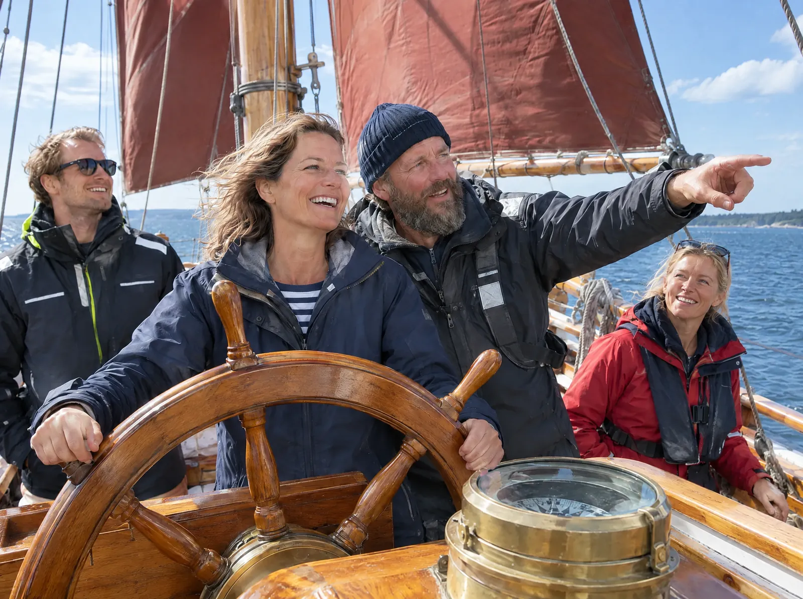A guest laughs at the wooden wheel of a traditional ship with red sails while the skipper points ahead